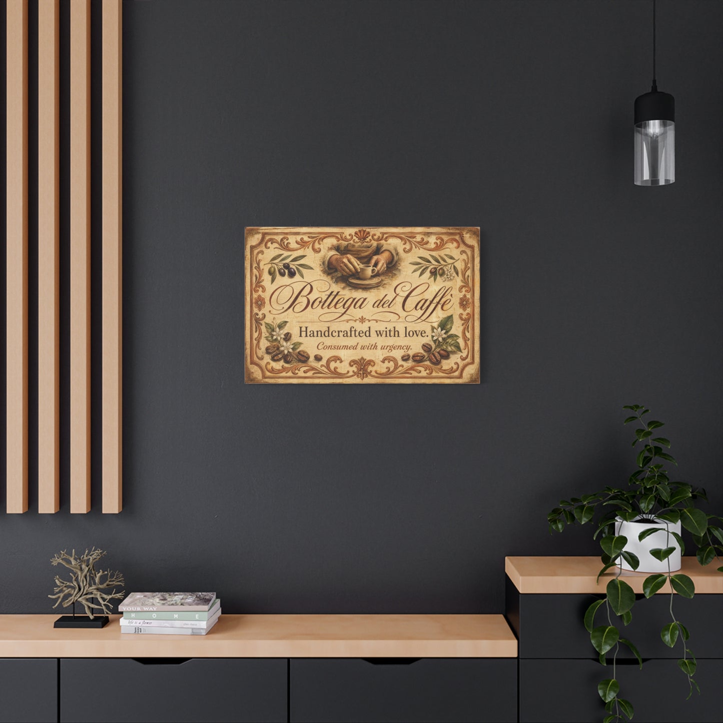 "Bottega del Caffe" Canvas Wall Art - Vintage Italian Coffee Quote Print, Olive Branches, Beans, Rustic Farmhouse Decor, Cafe Wall Hanging - Modern Farmhouse Style - Coffee Shop Decor - Ready to Hang