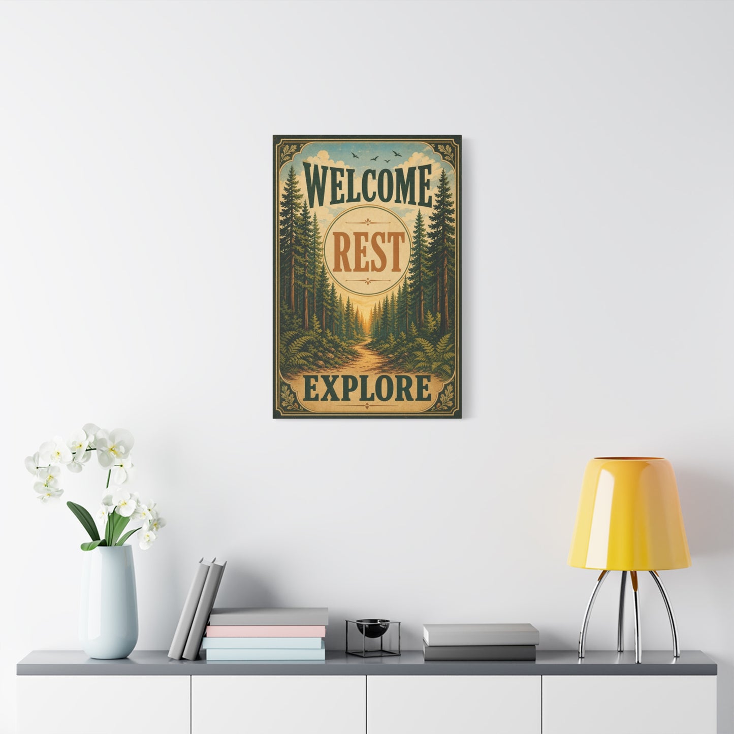 "Welcome Rest Explore" Forest Canvas Art Print - Vintage Pine Path Landscape Decor - Rustic Cabin Style, Nature Home Accent, Entryway Decoration, Lodge Interior Piece - Living Room Wall Decor