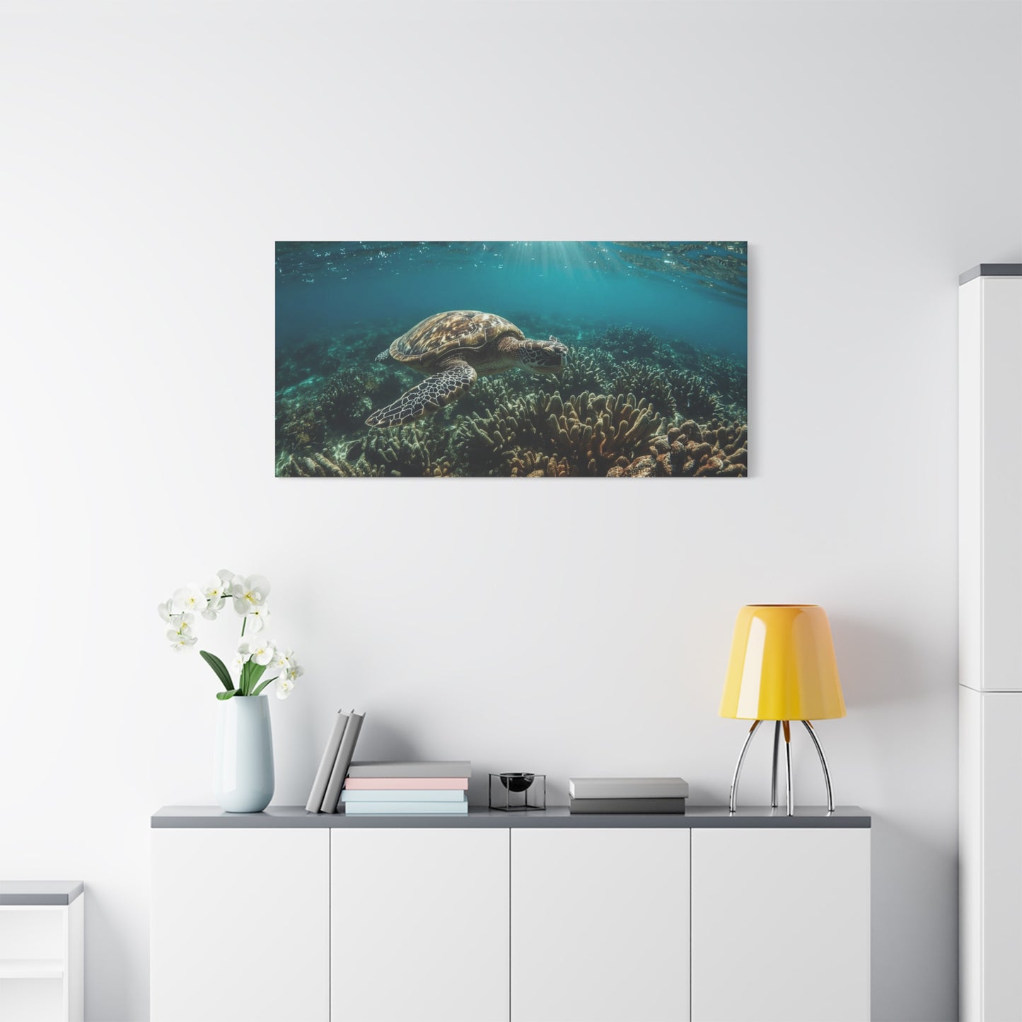 Sea Turtle Canvas Wall Art - Underwater Ocean Reef Art Print, Sunlit Blue Seascape, Coastal Wall Decor, Matte Finish Canvas Print, Living Room Decoration, Bedroom Home Accent - Ready to Hang