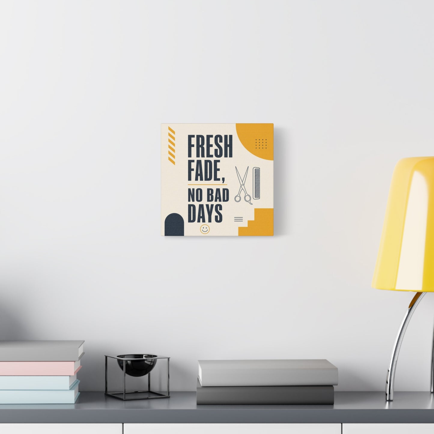 "Fresh Fade, No Bad Days" Barber Shop Canvas Wall Art - Scissors And Comb Typography Print - Modern Yellow Black Salon Decor - Workspace Wall Decor, Lobby Wall Art Accent - Gallery Wrapped Canvas