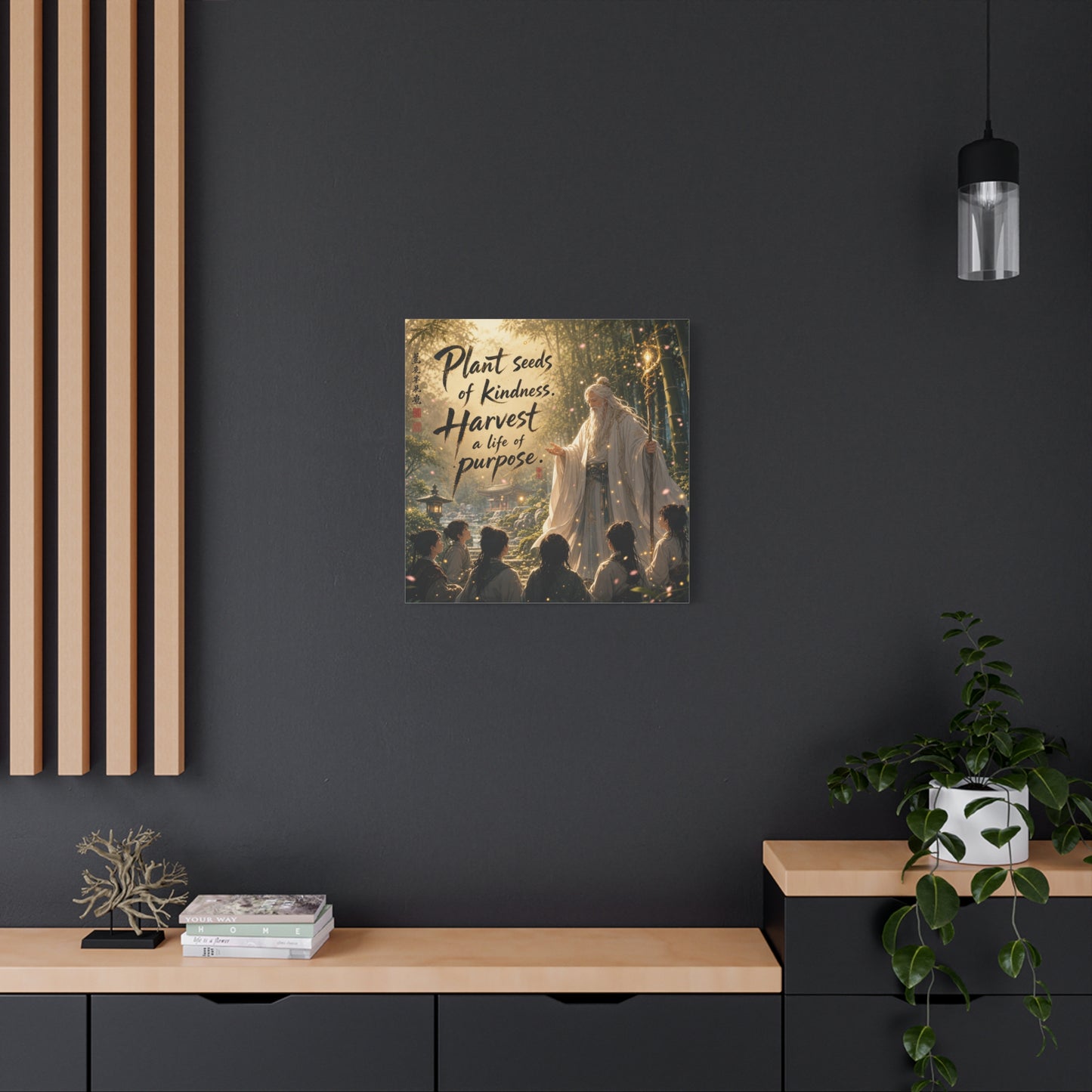 "Plant Seeds Of Kindness. Harvest A Life Of Purpose." Zen Canvas Wall Art - Wise Elder In Bamboo Garden, Inspirational Typography Print - Traditional Style, Bedroom Meditation Decor - Office Wall Art