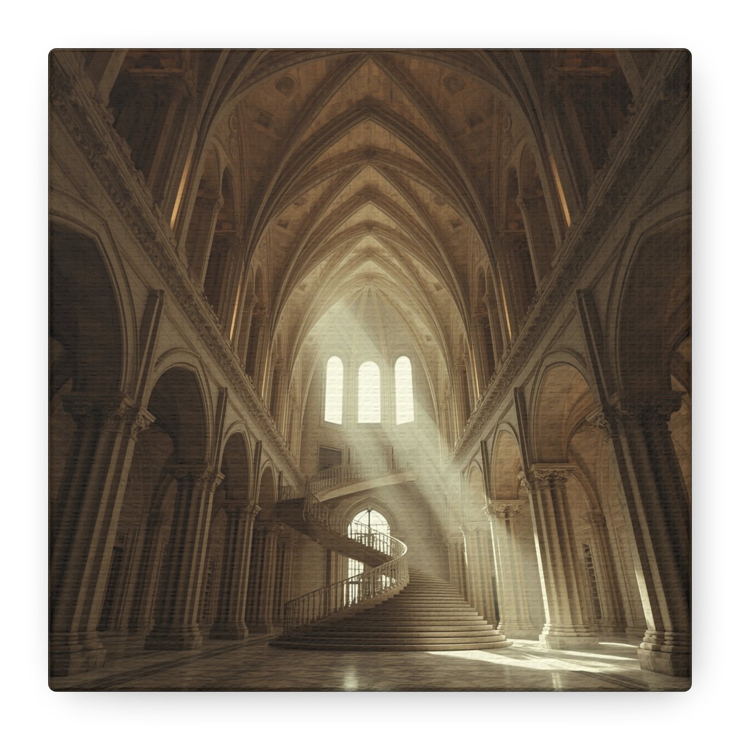 Gothic Cathedral Interior Canvas Wall Art - Sunlit Spiral Staircase, Religious Architecture Print - Matte Cotton Canvas - Traditional Style - Living Room Wall Decor, Office Art - Ready to Hang