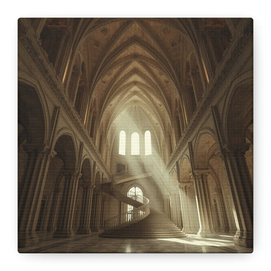 Gothic Cathedral Interior Canvas Wall Art - Sunlit Spiral Staircase, Religious Architecture Print - Matte Cotton Canvas - Traditional Style - Living Room Wall Decor, Office Art - Ready to Hang