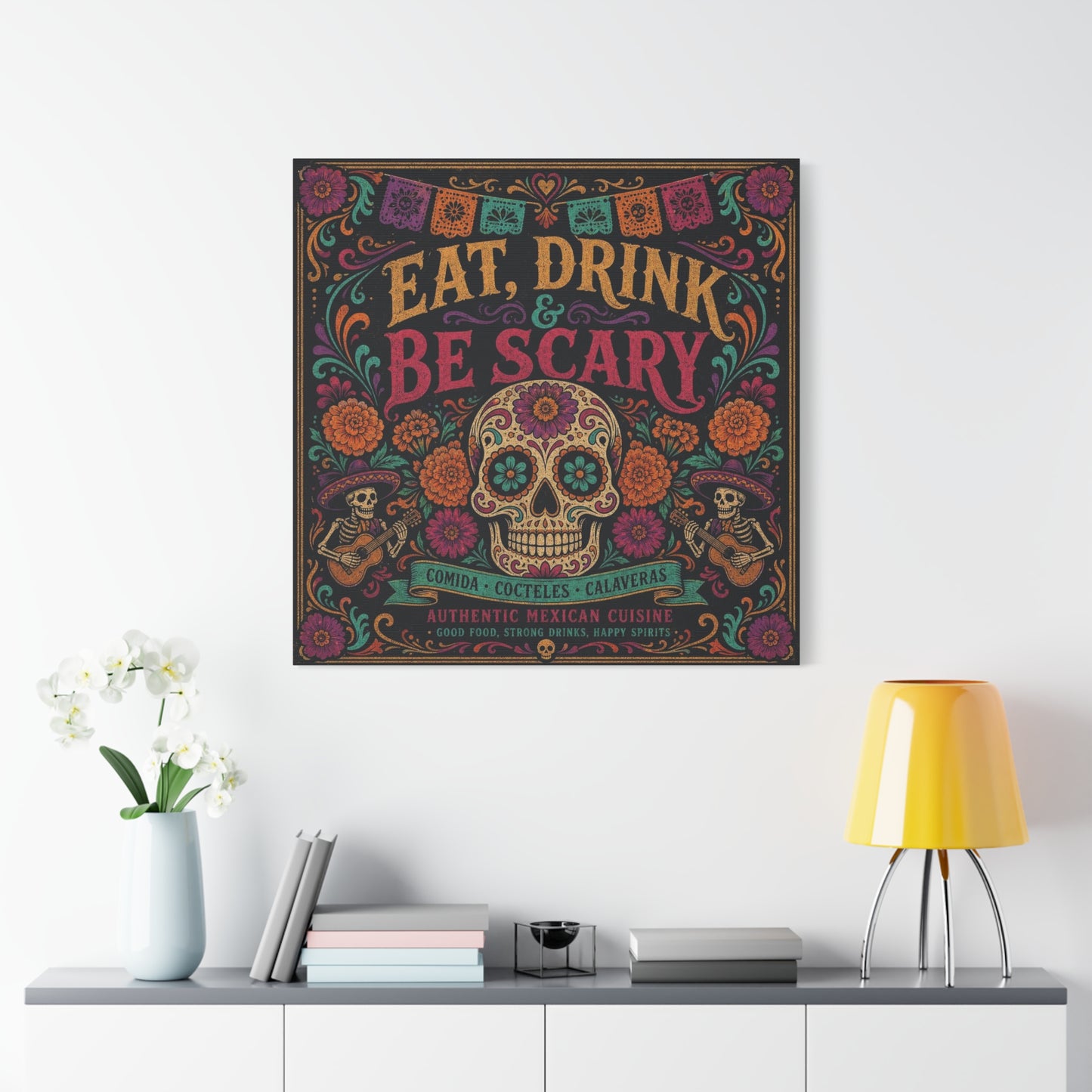 "Eat, Drink Be Scary" Typography Canvas Wall Art - Day Of The Dead Sugar Skull, Floral Folk Illustration - Colorful Mexican Restaurant Decor - Cafe Wall Decor, Bar Accent - Gallery Wrapped Canvas