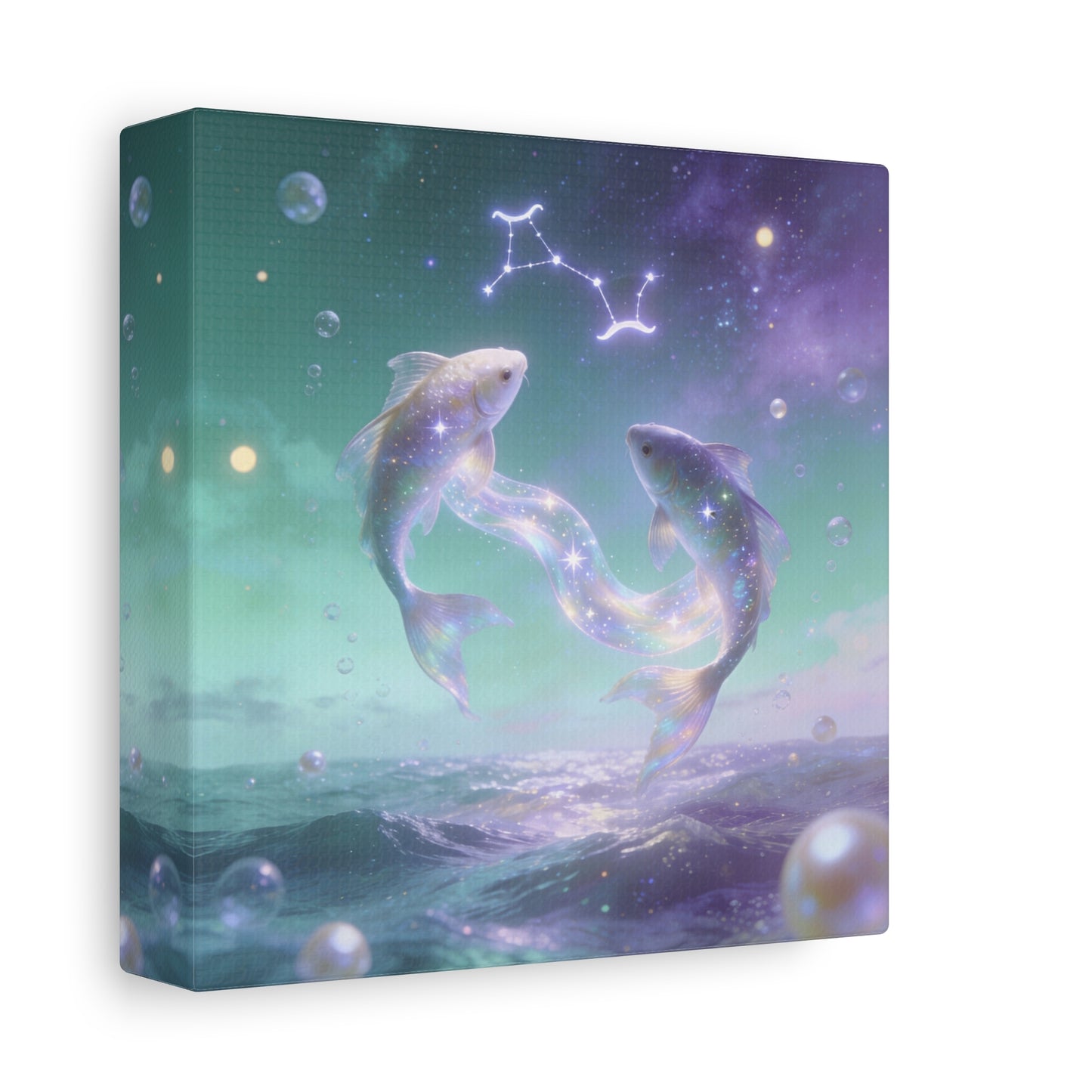 Pisces Fish Canvas Wall Art - Celestial Ocean Zodiac Illustration, Dreamy Aurora Nightscape, Matte Cotton Print, Mystical Bedroom Accent, Meditation Space Piece, Office Interior Style - Ready to Hang