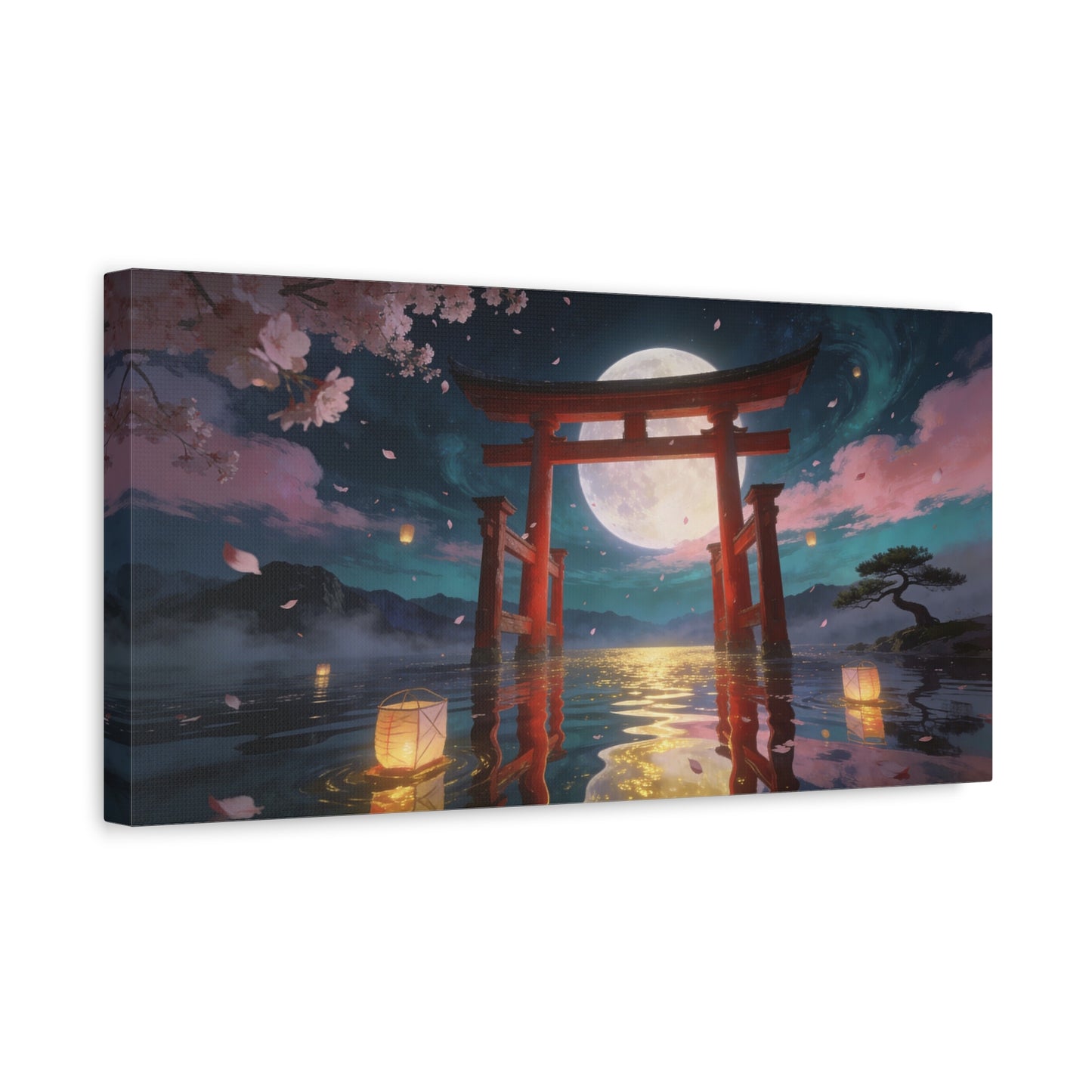 Japanese Torii Gate Canvas Wall Art - Moonlit Lake, Cherry Blossom Petals - Contemporary Fantasy Landscape - Living Room Wall Decor, Bedroom Home Decoration, Meditation Space - Bedroom Home Decoration