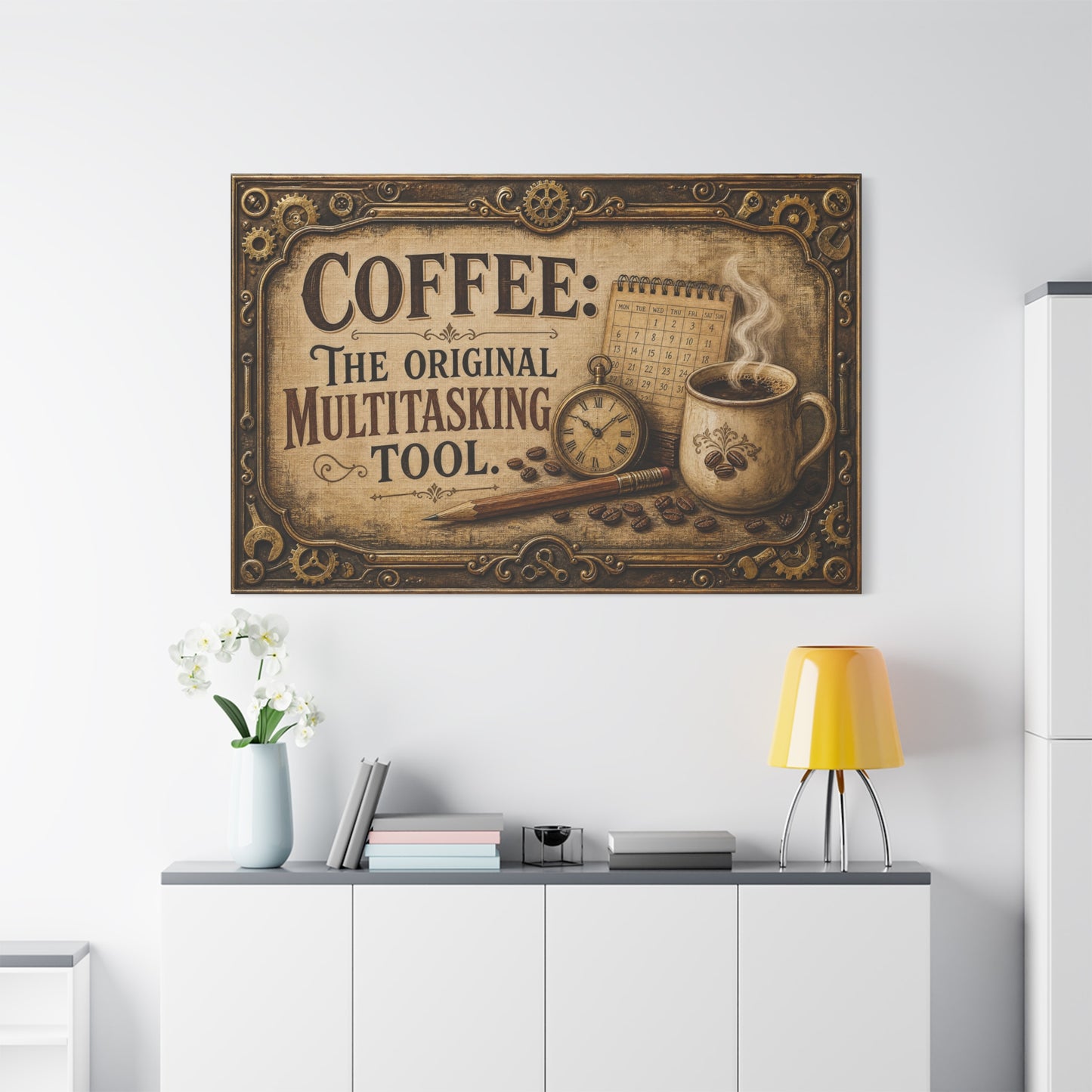 "Coffee: The Original Multitasking Tool." Canvas Wall Art - Vintage Coffee Cup Quote Print, Rustic Wall Decor, Steampunk Style, Cafe Accent - Ready to Hang - Bistro Decor - Espresso Bar Sign