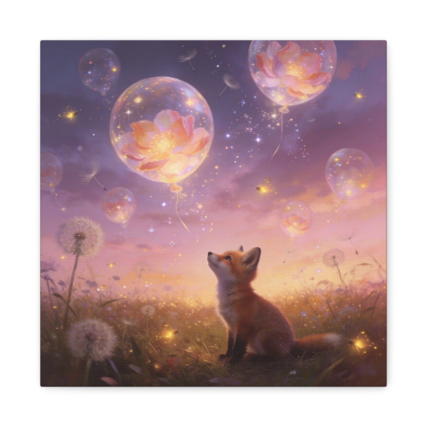 Fox Canvas Wall Art - Whimsical Fox Under Floral Balloons, Dreamy Twilight Meadow Canvas Print - Pastel Fantasy Style, Living Room Wall Decor, Bedroom Home Decoration - Bedroom Home Decoration