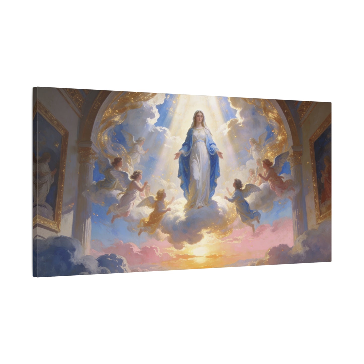 Virgin Mary Canvas Wall Art - Heavenly Religious Painting With Angels, Blue And Gold Clouds - Matte Cotton Canvas Print - Traditional Sacred Style For Bedroom Living Room Decor - Office Wall Art
