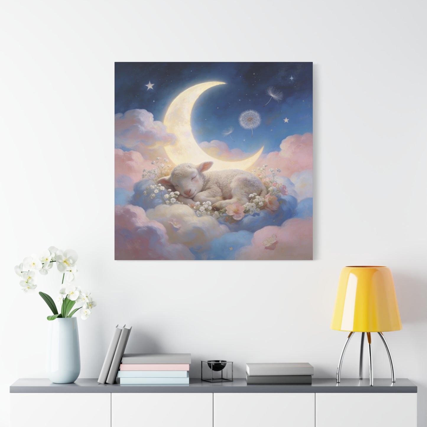 Sleeping Lamb Canvas Wall Art - Crescent Moon, Stars, Pink Clouds Nursery Decor - Dreamy Pastel Animal Painting, Bedroom Home Decoration, Bohemian Wall Hanging, Kids Room Accent - Ready to Hang