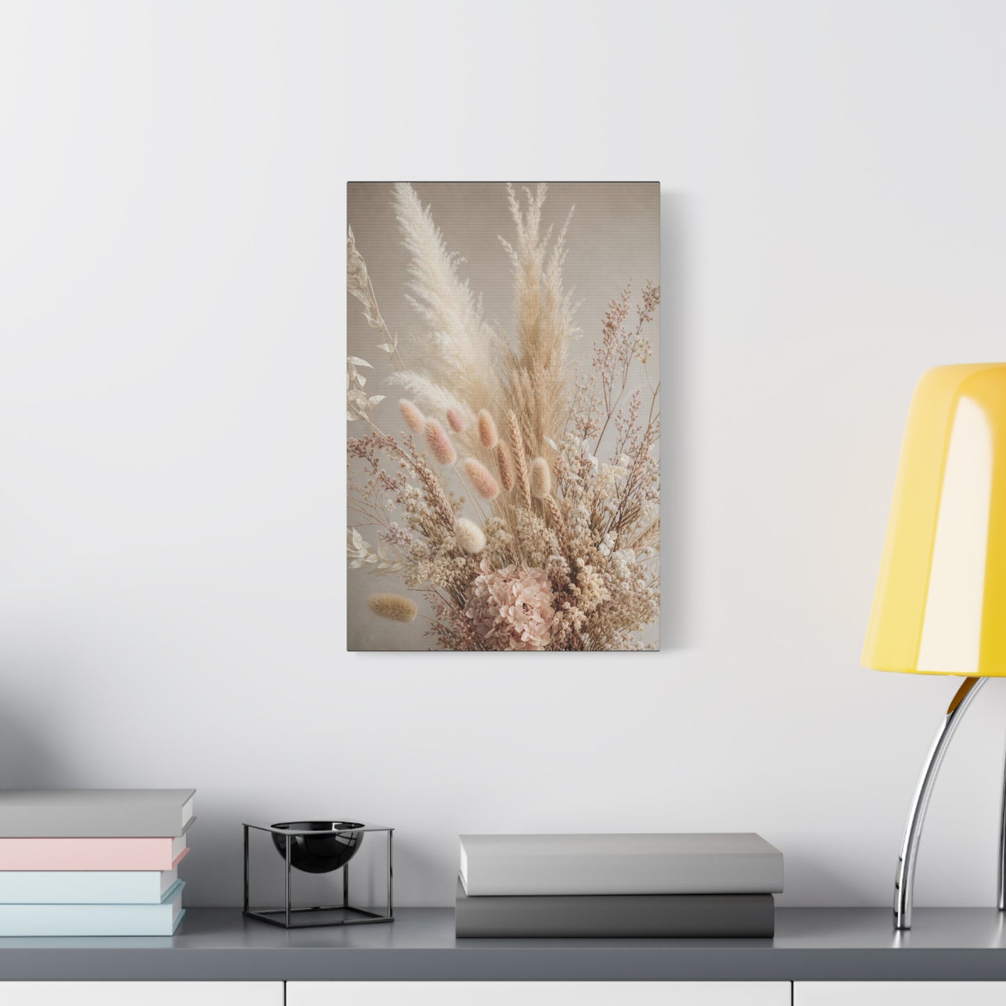 Dried Pampas Grass Floral Canvas Wall Art - Neutral Botanical Bouquet, Blush Bunny Tail Stems, Cotton Canvas Print - Bohemian Farmhouse Style - Bedroom Wall Decor, Spa Accent - Bedroom Home Decoration