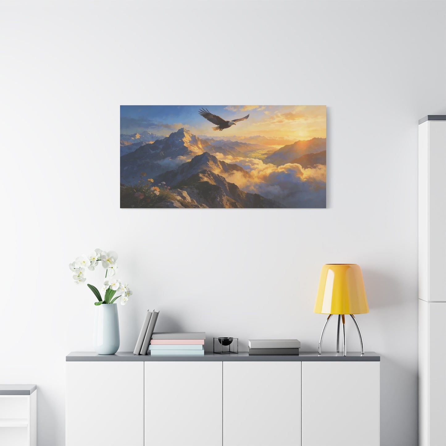 Bald Eagle Canvas Wall Art Mountain Sunrise Landscape - Golden Sky Alpine Peaks, Dramatic Wildlife Vista - Matte Finish Canvas Print - Living Room Wall Decor, Office Art Accent - Ready to Hang