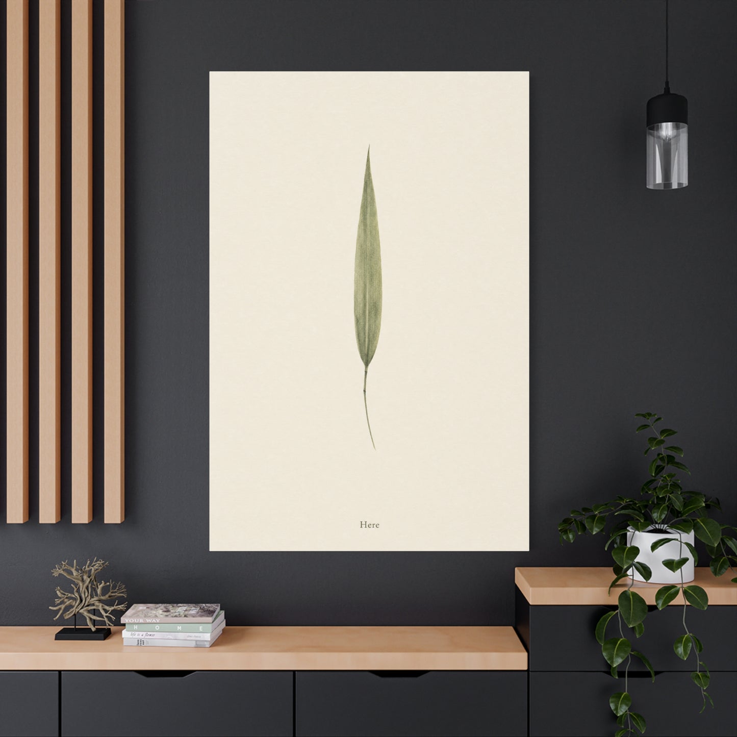 "Here" Minimalist Botanical Canvas Wall Art - Single Green Leaf Print, Neutral Contemporary Nature Decor - Cotton Art Print For Bedroom Living Room, Japandi Home Decoration - Living Room Wall Decor