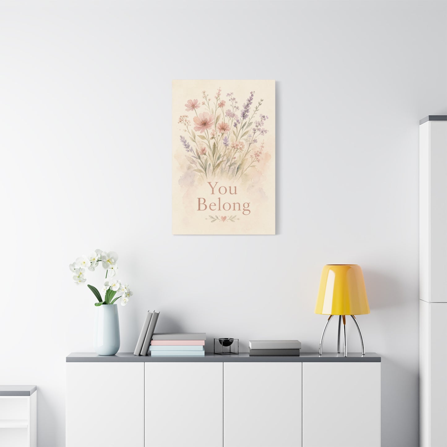 "You Belong" Floral Canvas Wall Art - Watercolor Wildflower Quote Print, Pink Lavender Botanical Decor - Inspirational Bedroom Home Decoration, Nursery Wall Hanging - Bedroom Home Decoration