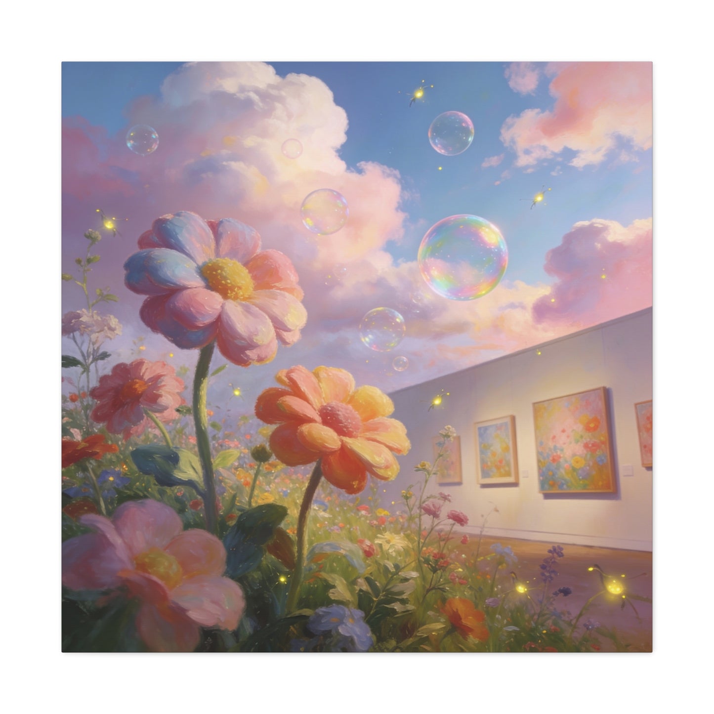 Dreamy Floral Canvas Wall Art - Pastel Wildflower Sky With Iridescent Bubbles, Firefly Glow - Whimsical Matte Canvas Print - Contemporary Bedroom Wall Decor, Living Room Accent - Cozy Reading Nook Art