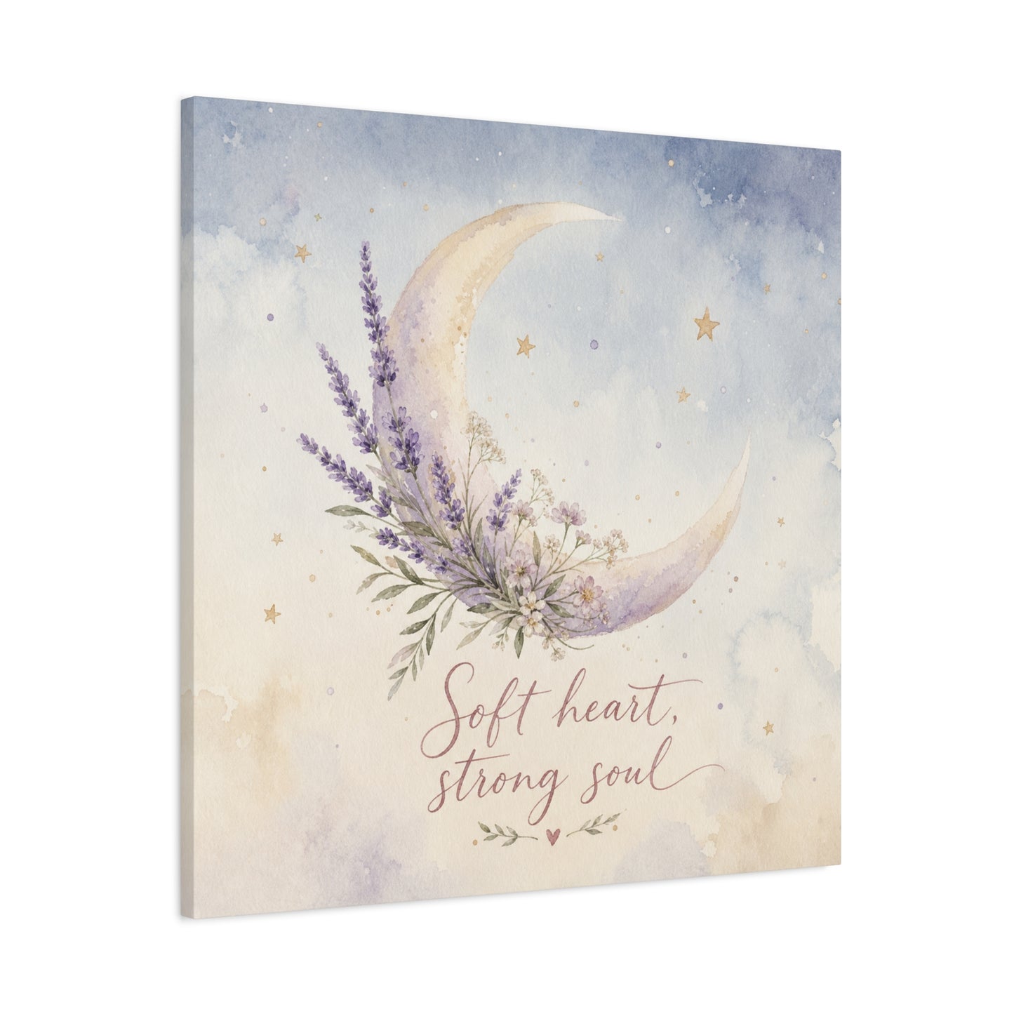 "Soft Heart, Strong Soul" Moon Canvas Wall Art - Lavender Floral Celestial Quote Print - Watercolor Nursery Bedroom Decor - Bohemian Home Decoration - Office Wall Art - Bedroom Home Decoration