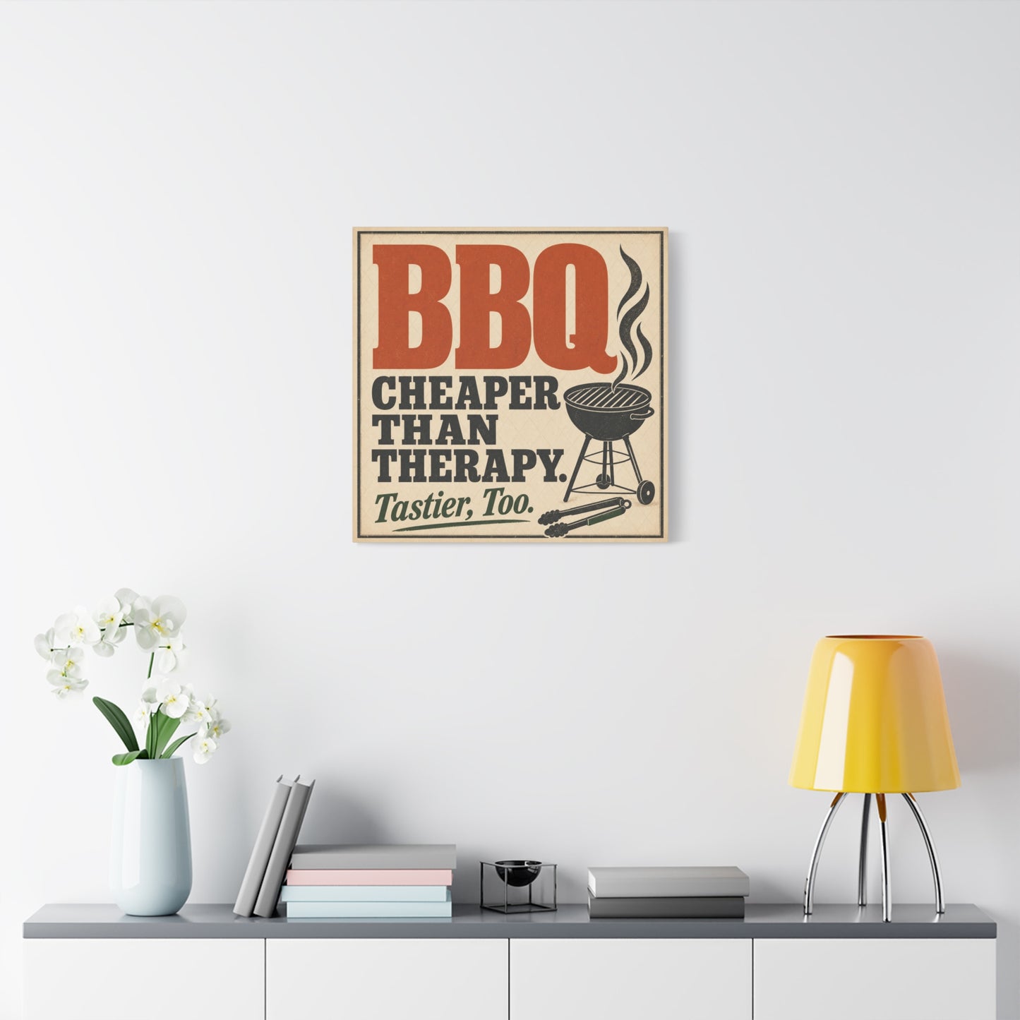 "BBQ Cheaper Than Therapy. Tastier, Too." Canvas Wall Art - Vintage Grill Quote Kitchen Decor - Rustic Typography Print, Farmhouse Barbecue Sign - Modern Farmhouse Style - Living Room Wall Decor