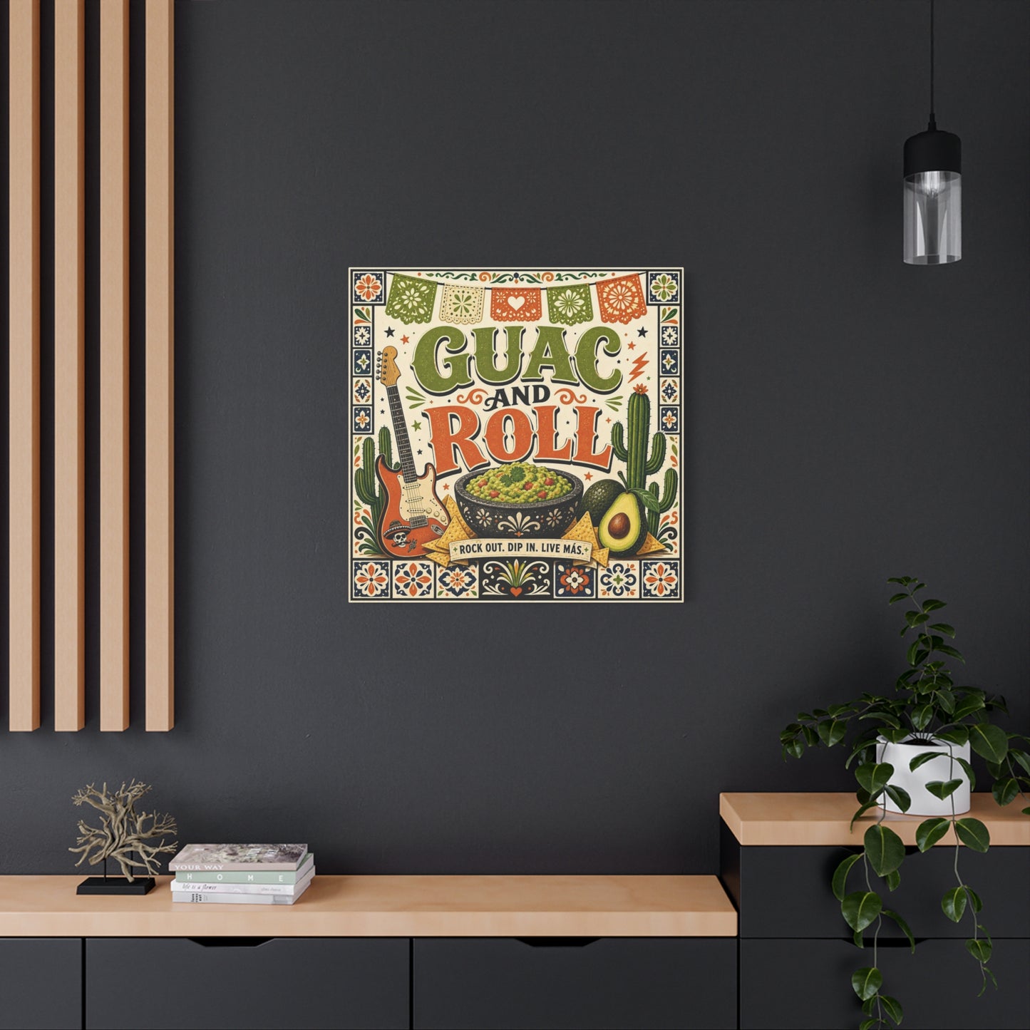 "Guac And Roll" Typography Canvas Wall Art - Fiesta Guitar, Cactus, Avocado Folk Illustration - Bohemian Rustic Style - Kitchen Wall Decor, Dining Room Accent, Cafe Wall Decor - Modern Farmhouse Style