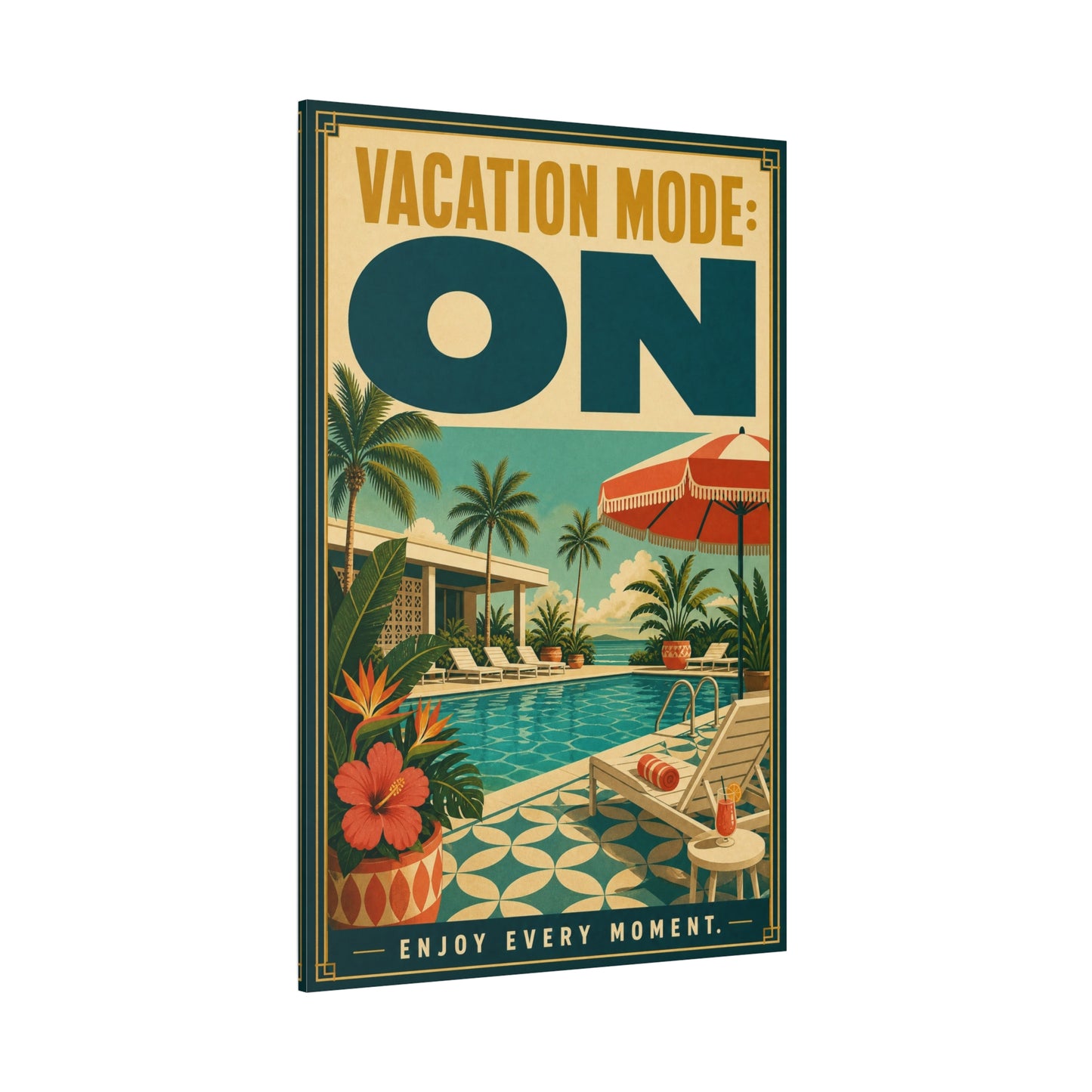 "Vacation Mode: On" Tropical Poolside Canvas Wall Art - Retro Resort Poster Print, Palm Tree Coastal Decor, Vintage Travel Style, Living Room Wall Decor, Vacation Rental Decoration - Ready to Hang