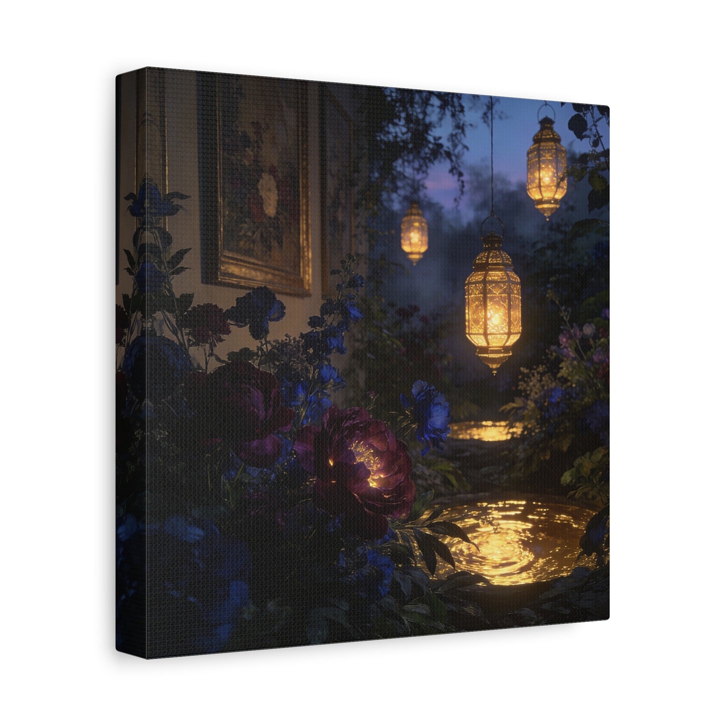 Lantern Garden Canvas Wall Art - Twilight Floral Courtyard, Glowing Water Reflections - Moody Botanical Night Scene, Matte Canvas Print - Bedroom Wall Decor, Living Room Accent - Cozy Reading Nook Art