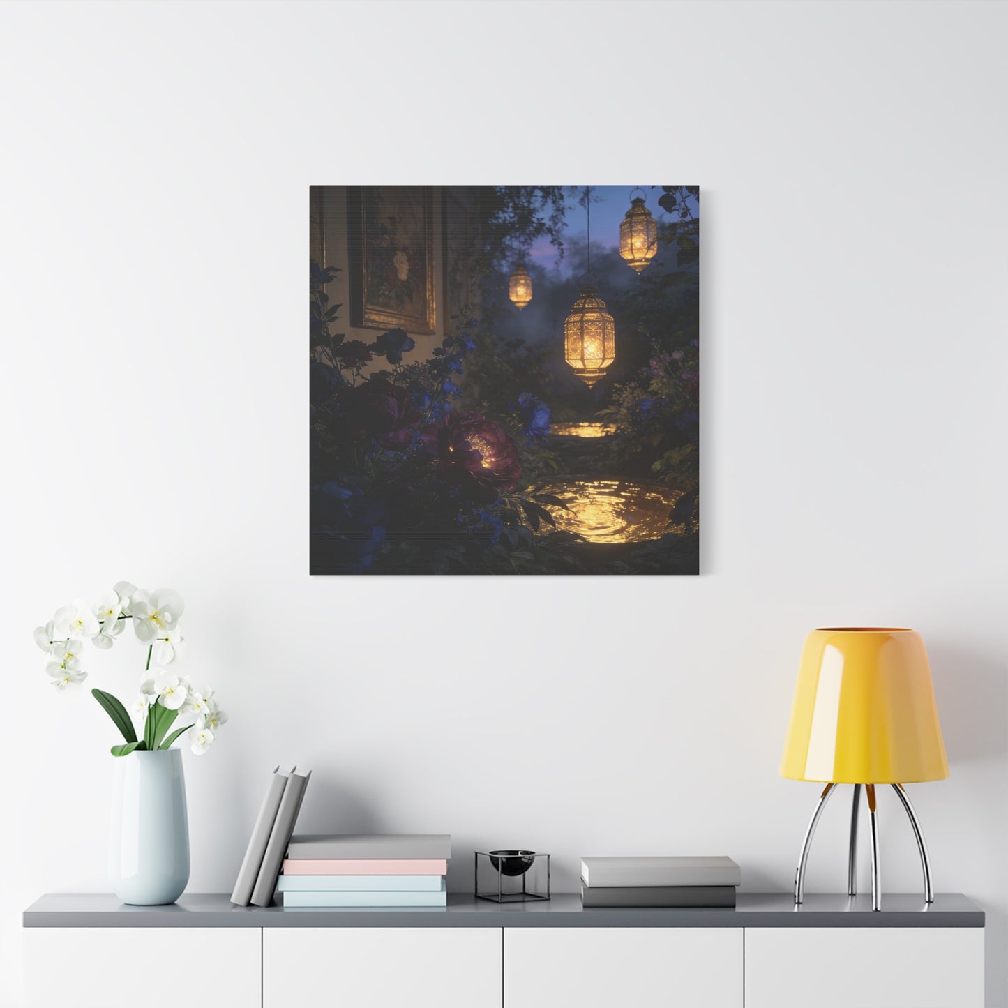 Lantern Garden Canvas Wall Art - Twilight Floral Courtyard, Glowing Water Reflections - Moody Botanical Night Scene, Matte Canvas Print - Bedroom Wall Decor, Living Room Accent - Cozy Reading Nook Art