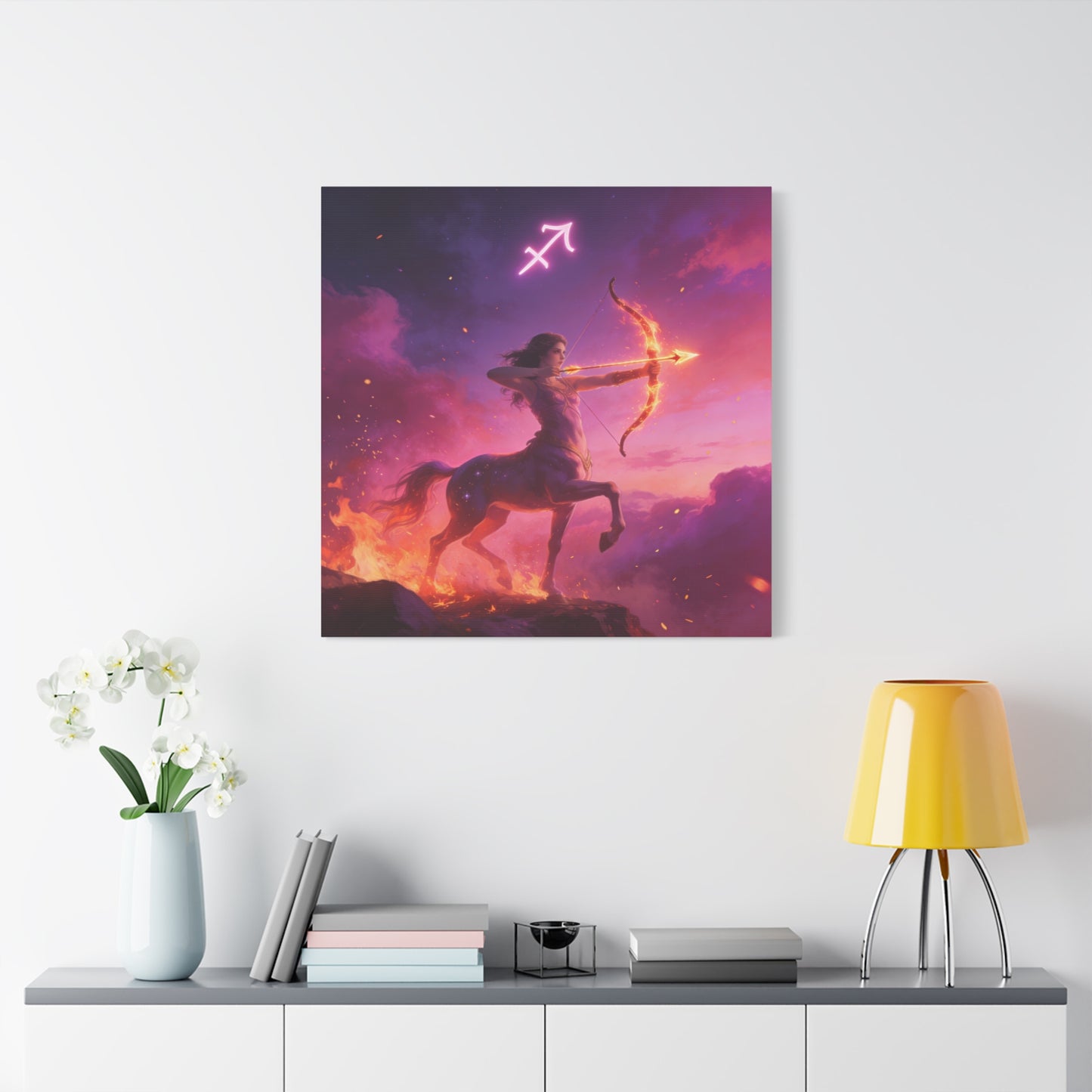 Sagittarius Centaur Archer Canvas Wall Art - Zodiac Fantasy Fire Bow Illustration - Purple Pink Matte Canvas Print - Bedroom Home Decoration, Living Room Wall Decor, Celestial Decor - Ready to Hang