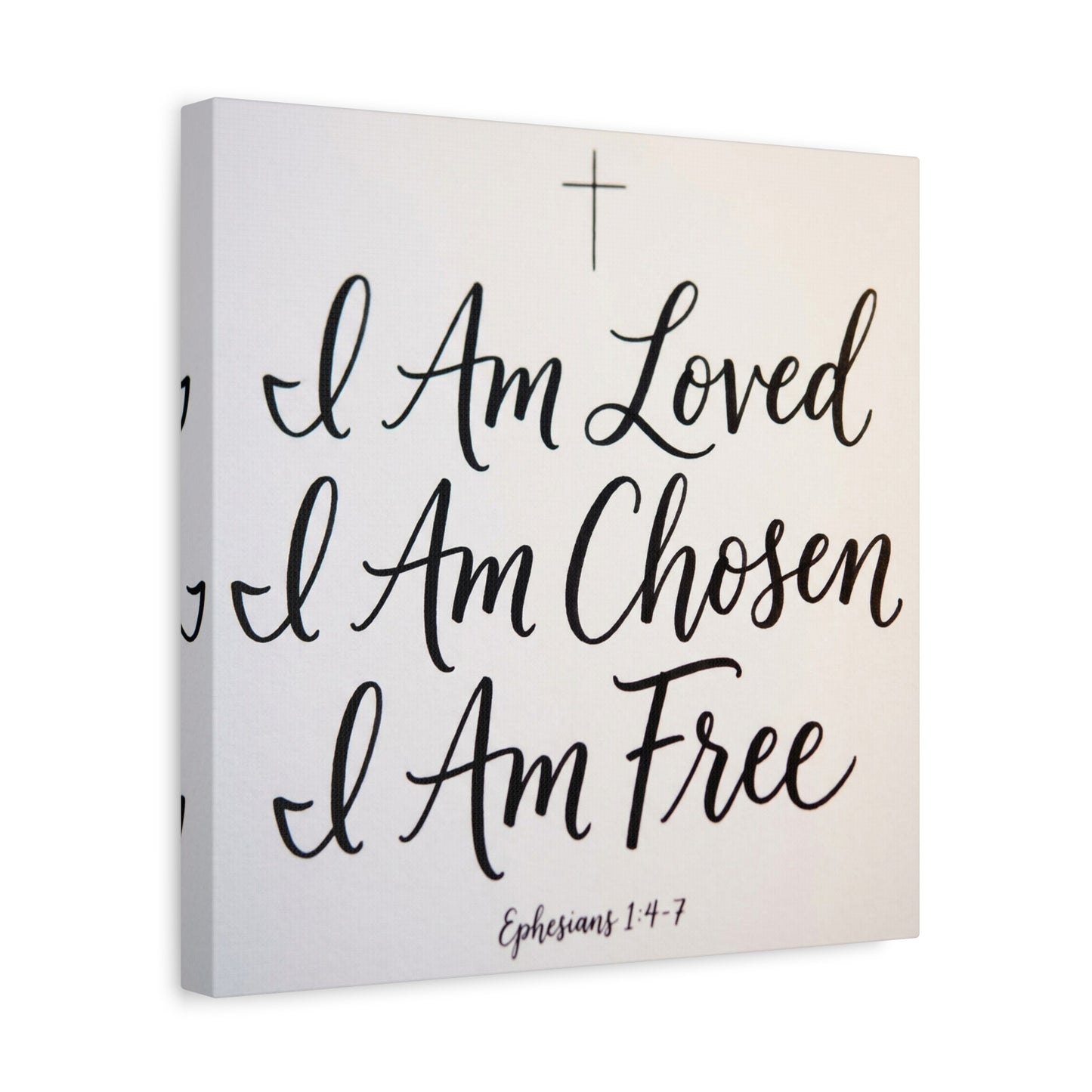 "I Am Loved, Chosen, Free" Christian Canvas Wall Art - Ephesians 1:4-7 Scripture Cross Print - Neutral Typography Decor - Bedroom Home Decoration, Living Room Wall Decor - Ready to Hang