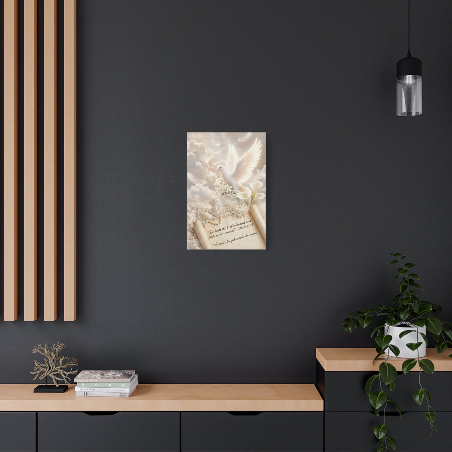 "He Heals The Brokenhearted And Binds Up Their Wounds" Dove Canvas Wall Art - Psalm 147:3 Scripture, White Lily Floral Design - Traditional Religious Decor For Bedroom - Office Wall Art