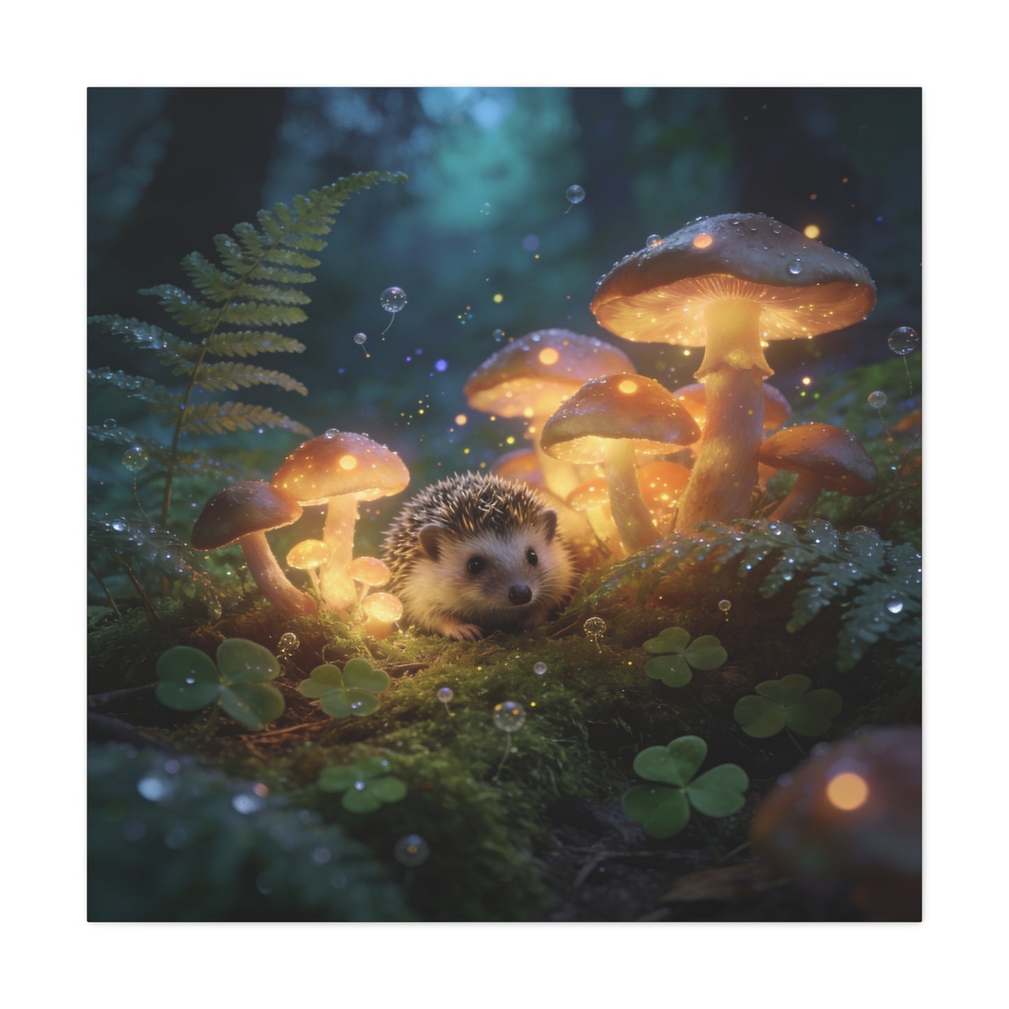 Hedgehog Mushroom Canvas Wall Art - Glowing Forest Fantasy Animal Print - Matte Cotton Art Print, Whimsical Woodland Style - Bedroom Wall Decor, Nursery Home Decoration Accent - Modern Farmhouse Style