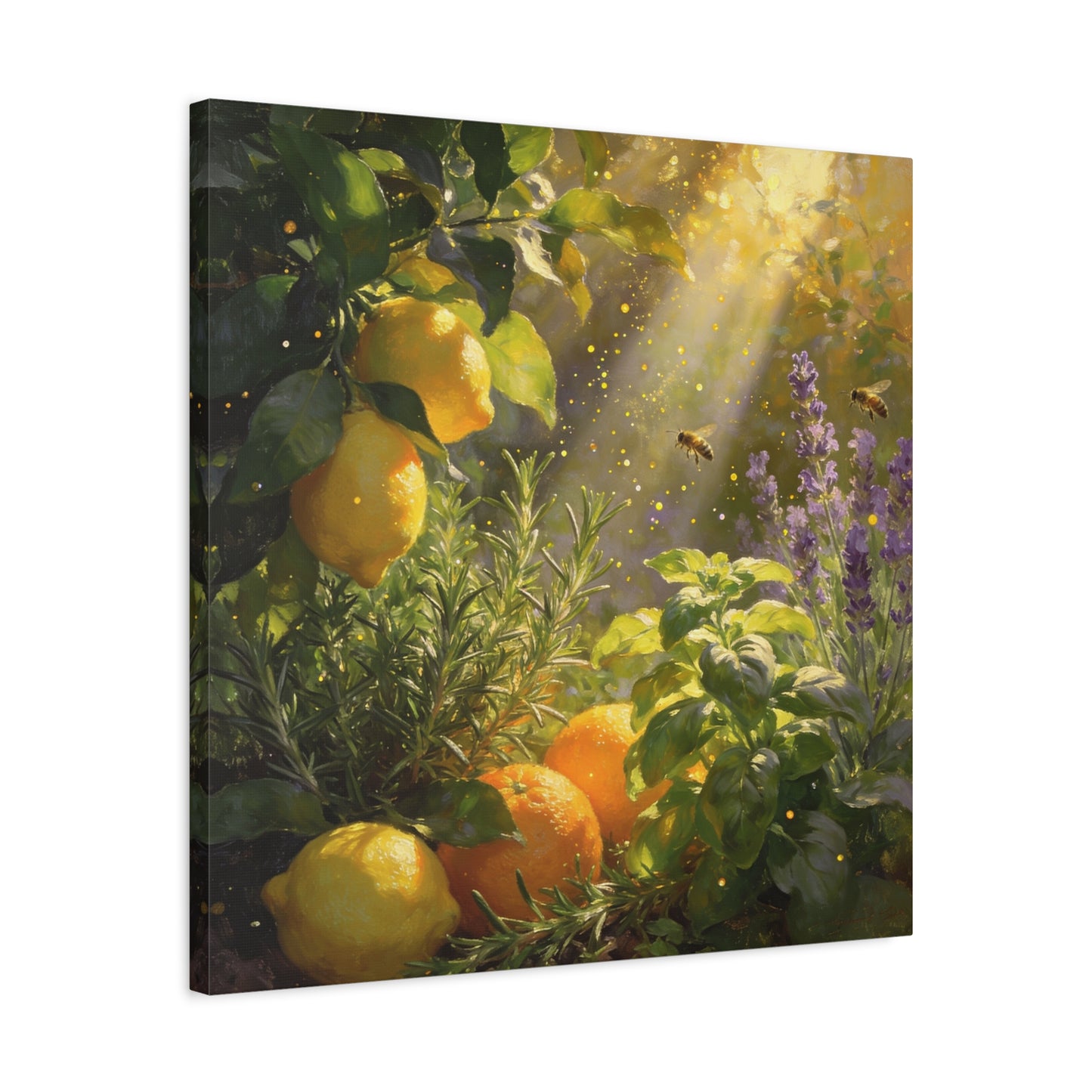 Lemon Herb Garden Canvas Wall Art - Bees, Lavender, Rosemary, Sunlit Botanical Painting - Matte Cotton Print, Rustic Farmhouse Style - Kitchen Wall Decor, Dining Room Accent - Bedroom Home Decoration