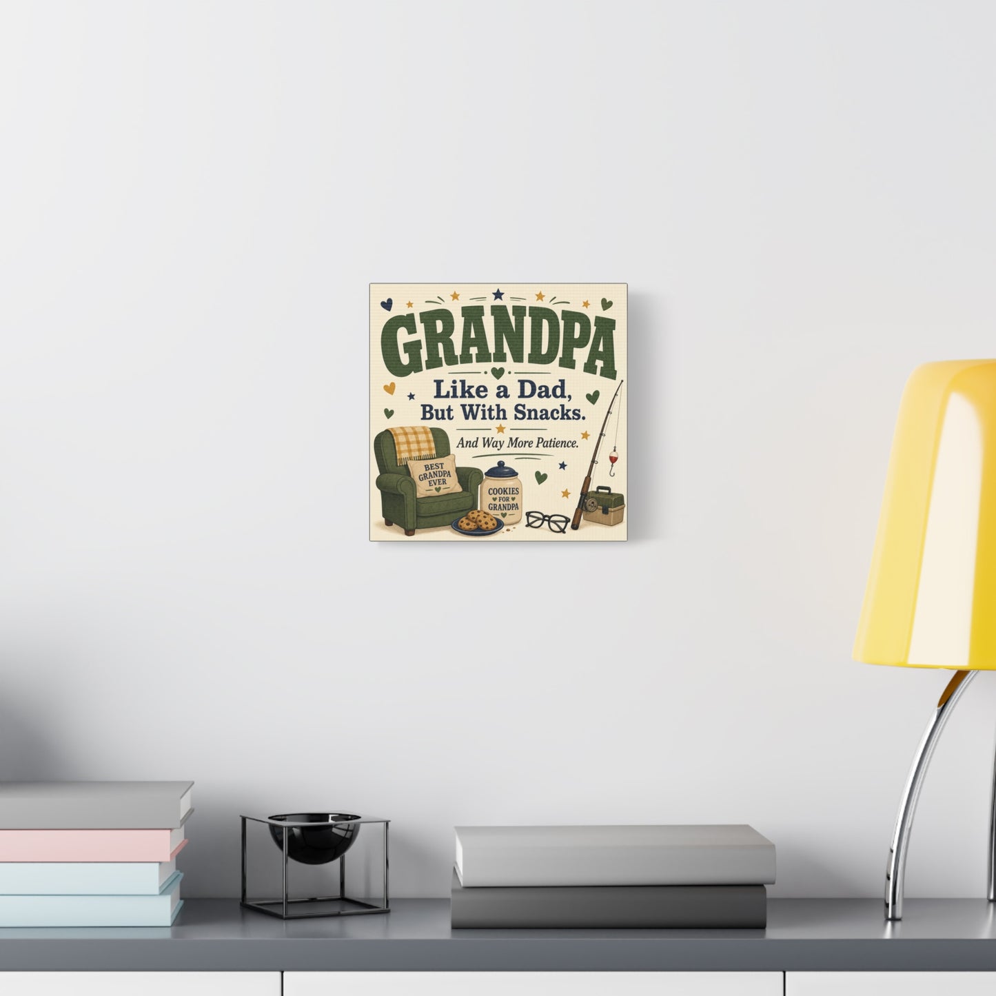 "Grandpa Like A Dad, But With Snacks. And Way More Patience." Canvas Wall Art - Rustic Typography Grandpa Quote Print, Farmhouse Living Room Decor - Office Wall Art - Bedroom Home Decoration