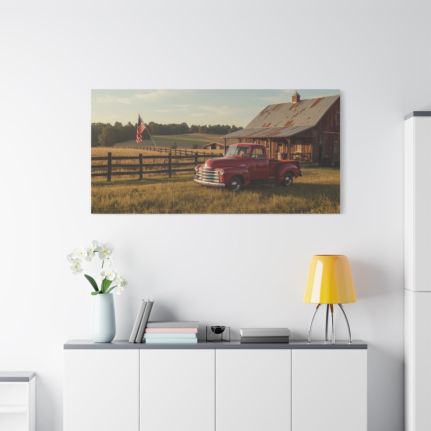 Red Vintage Pickup Truck Canvas Wall Art - Rustic Barn, American Flag Farm Landscape - Country Art Print, Traditional Style - Living Room Wall Decor, Office Art Accent - Modern Farmhouse Style