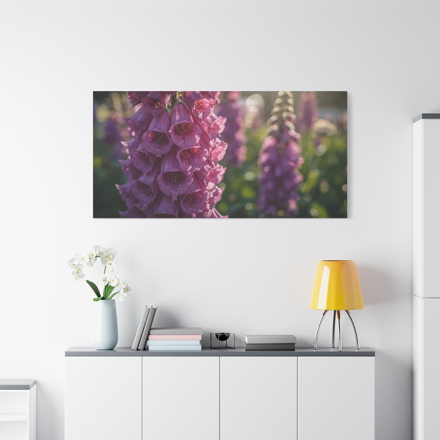 Purple Foxglove Flower Canvas Wall Art - Botanical Floral Art Print, Soft Golden Light, Matte Finish Decor - Bedroom Wall Hanging, Living Room Accent, Spa Style Interior Design - Ready to Hang