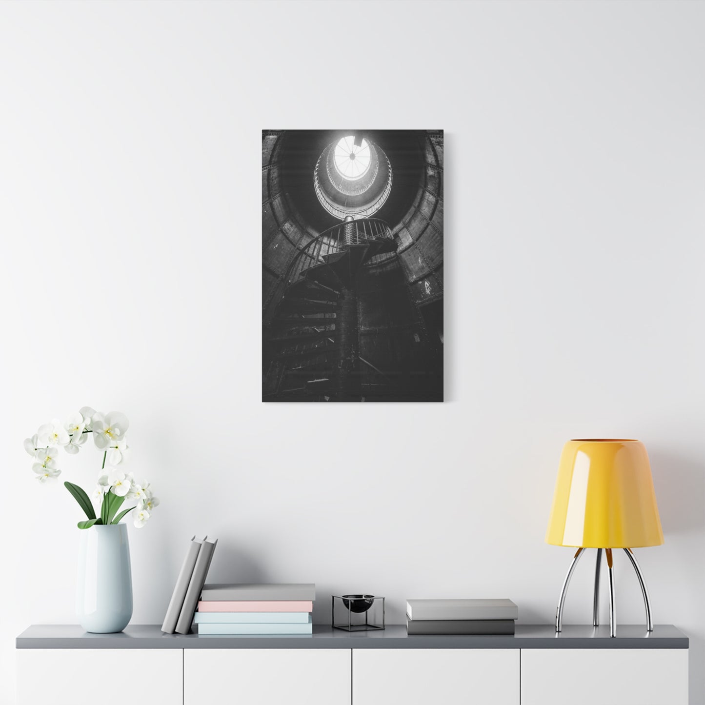 Black And White Spiral Staircase Canvas Wall Art - Architectural Art Print, Industrial Contemporary Style, Moody Home Decor, Home Office Wall Art, Living Room Accent - Modern Farmhouse Style
