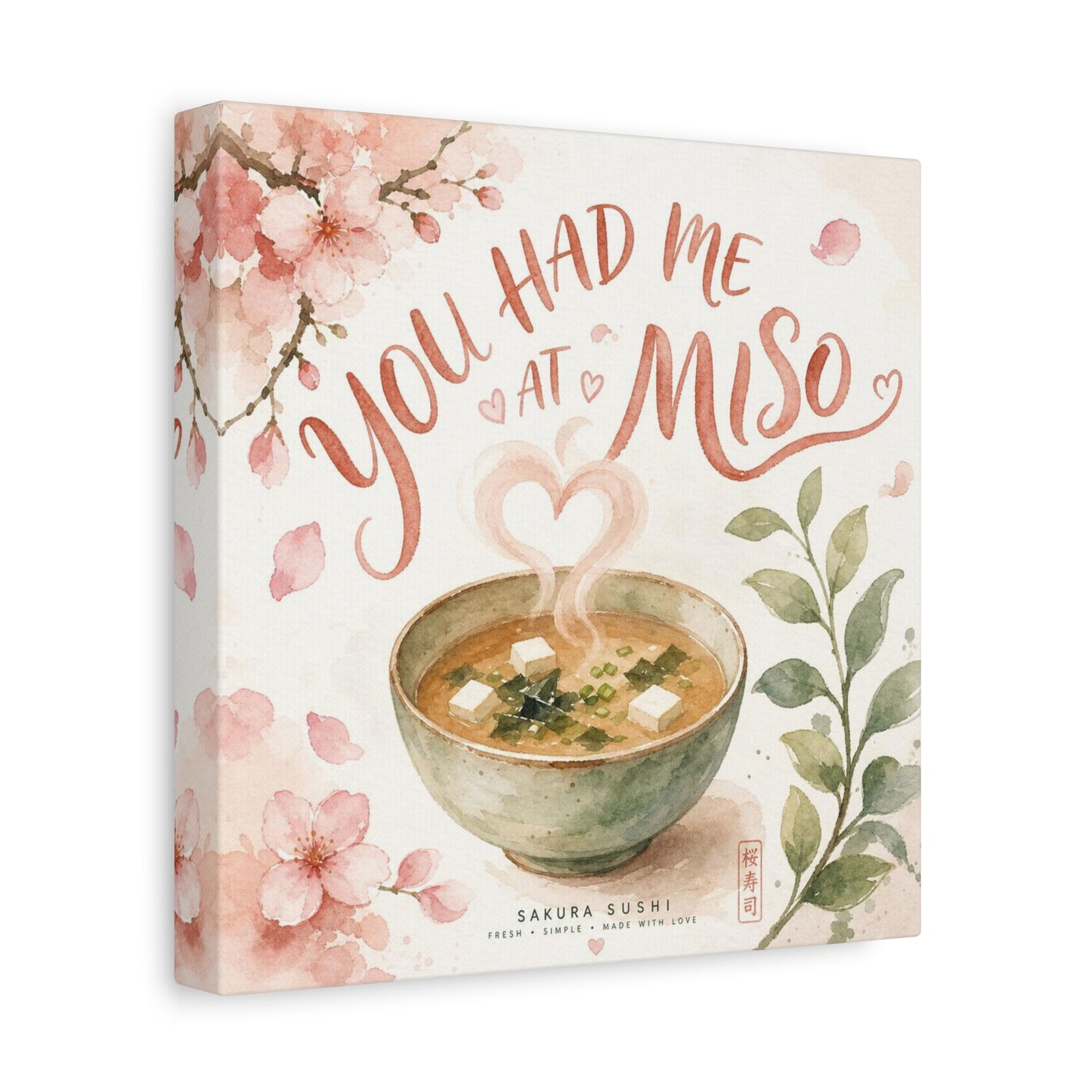 "You Had Me At Miso" Canvas Wall Art - Watercolor Soup Bowl, Cherry Blossom Typography - Japanese Food Illustration, Pink Botanical Style - Kitchen Wall Decor, Dining Room Accent - Ready to Hang