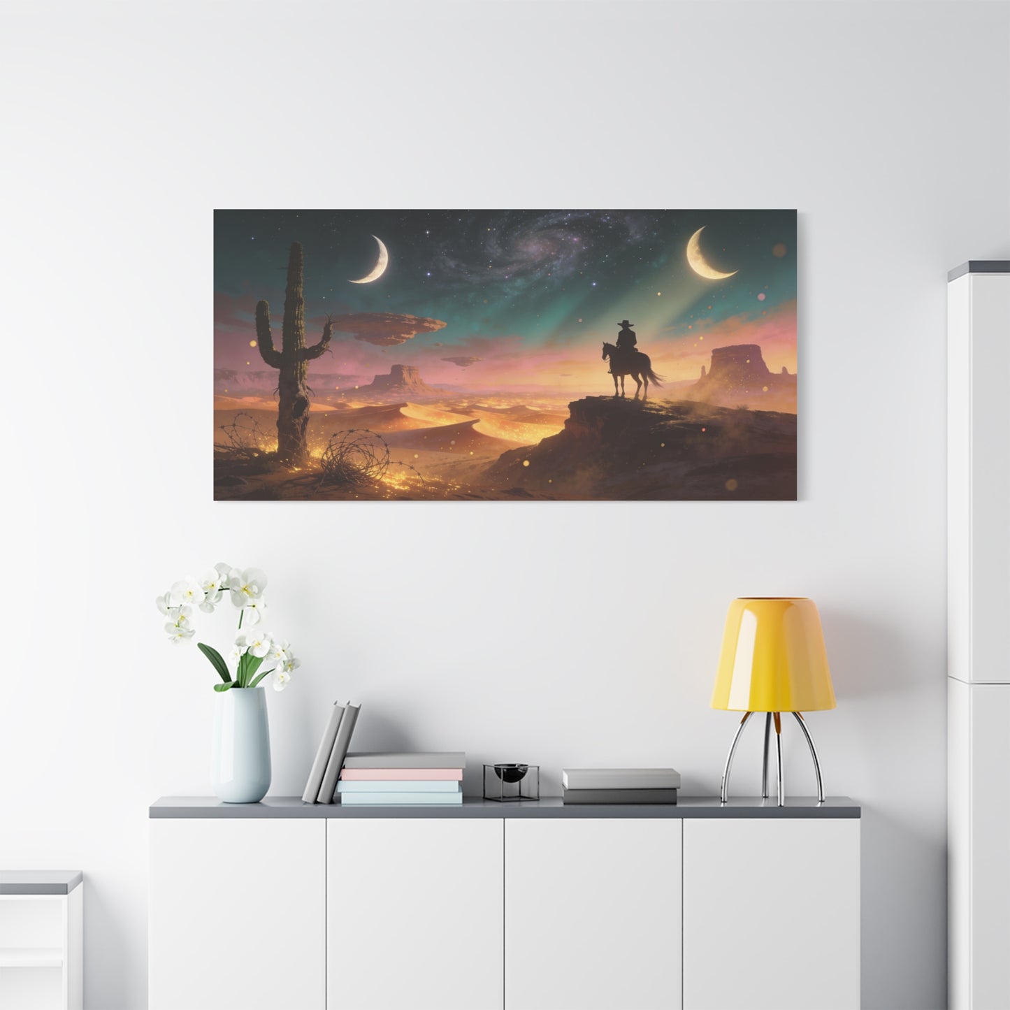 Surreal Desert Cowboy Canvas Wall Art - Crescent Moons, Galaxy Sky, Saguaro Silhouette - Matte Cotton Art Print - Contemporary Western Style, Living Room Wall Decor, Office Accent - Ready to Hang