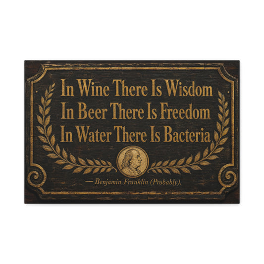 "In Wine There Is Wisdom In Beer There Is Freedom" Canvas Wall Art - Vintage Bar Quote Print, Rustic Tavern Style, Brown Gold Typography Decor, Home Bar - Office Wall Art - Cocktail Lounge Decor