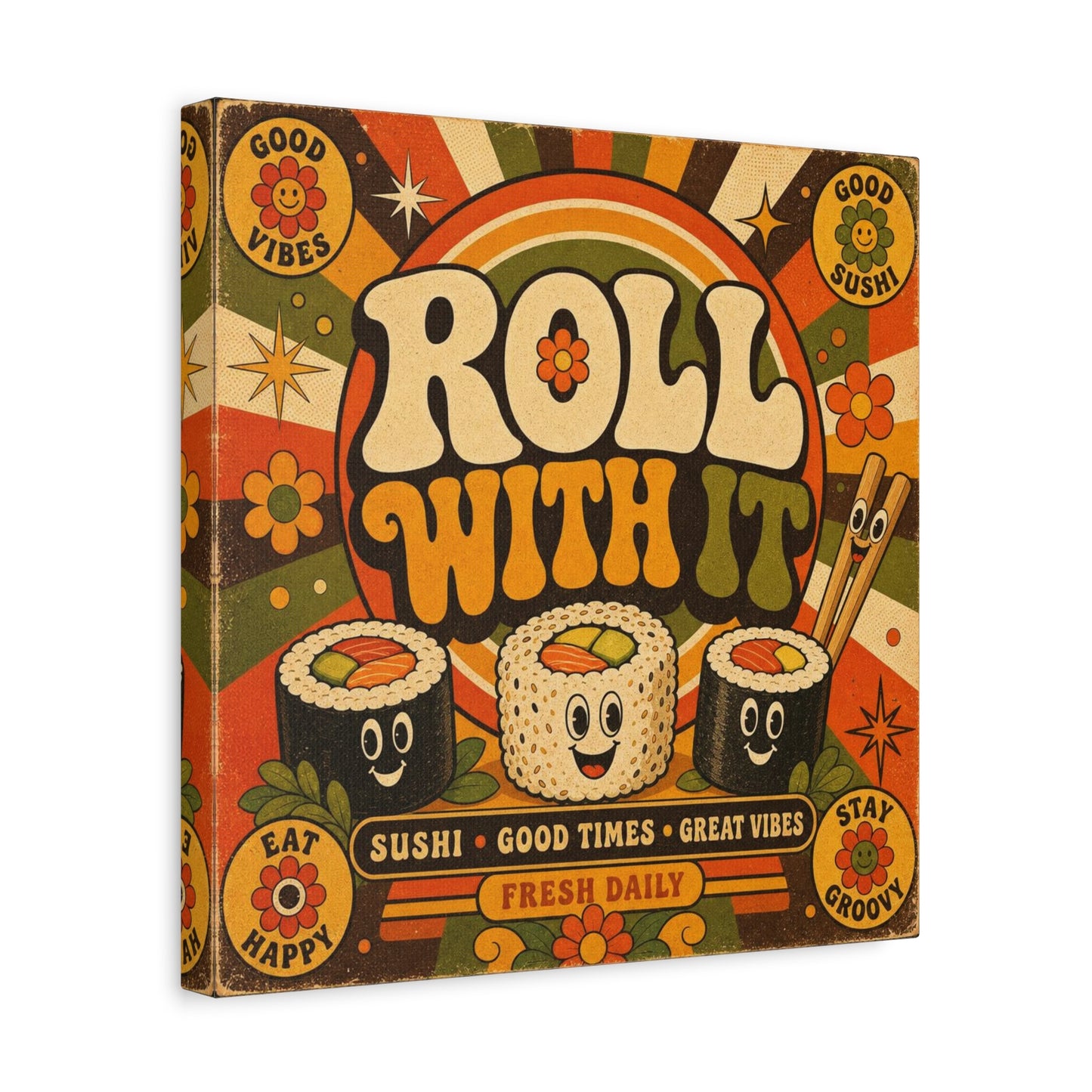 "Roll With It" Sushi Canvas Wall Art - Retro Typography Food Illustration, Groovy Orange Green Bohemian Print, Cafe Wall Decor, Kitchen Room Decoration, Vintage Poster Style - Bedroom Home Decoration