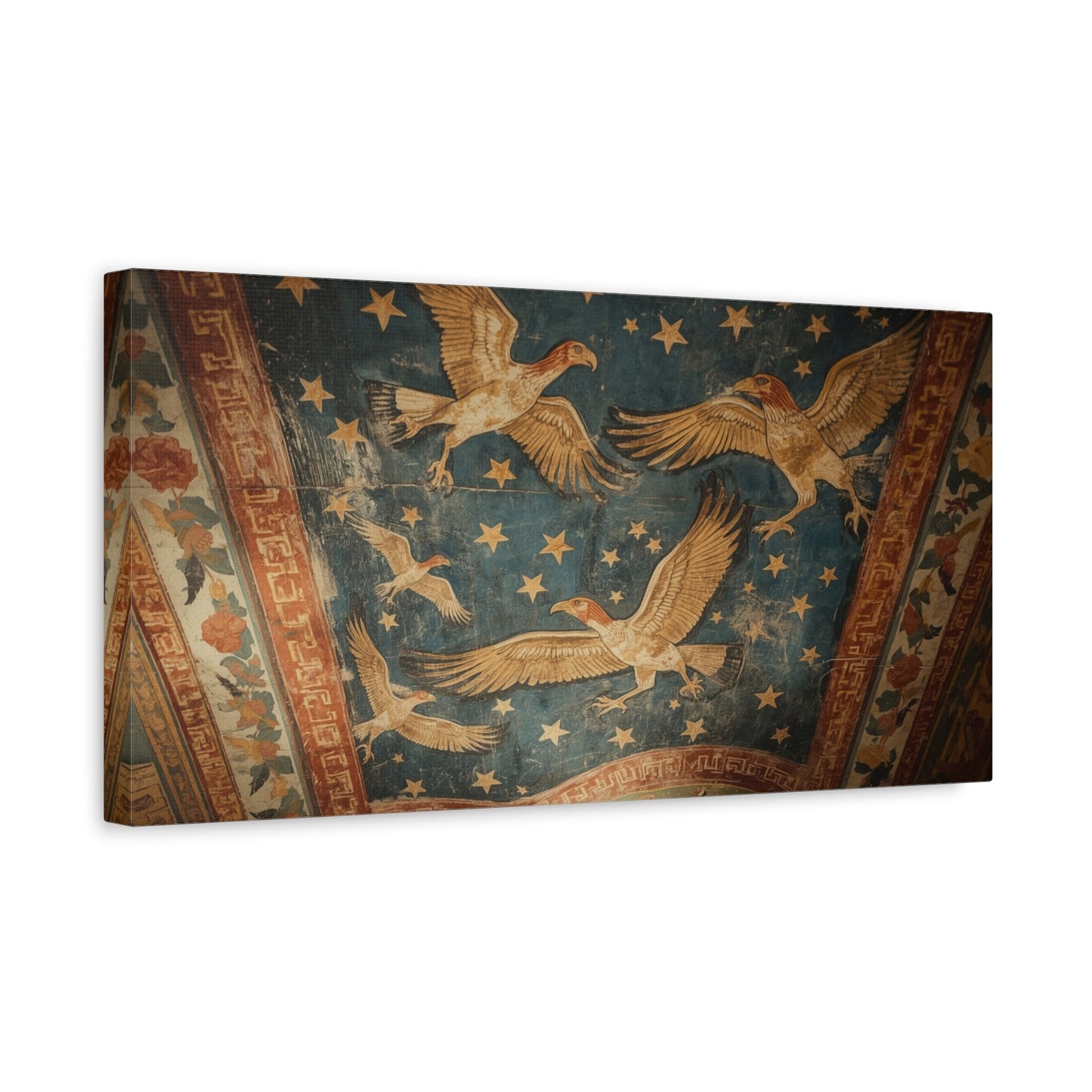 Ancient Eagle Ceiling Fresco Canvas Wall Art - Starry Bird Mural Print, Classical Blue And Gold Illustration - Vintage Traditional Style - Living Room Wall Decor Office Art - Bedroom Home Decoration