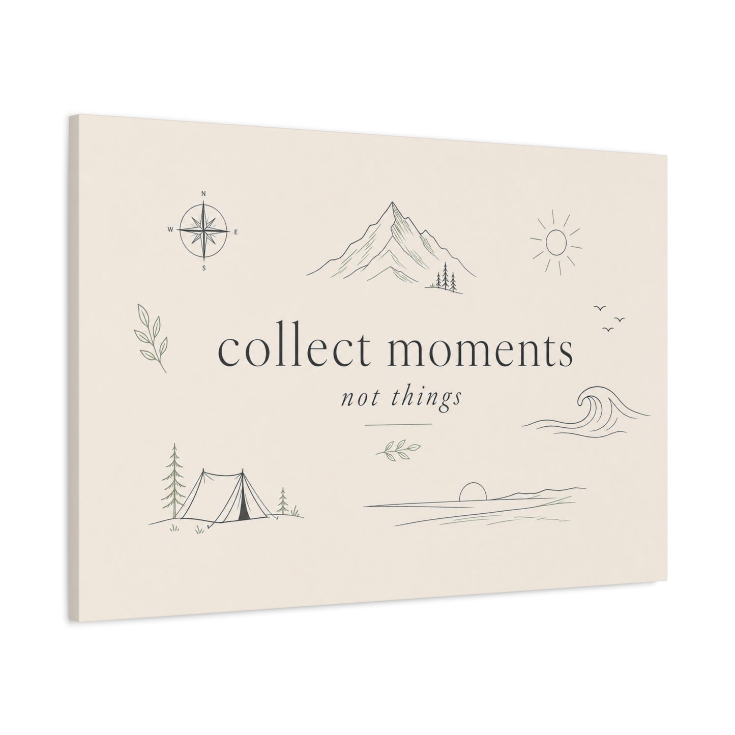 "Collect Moments Not Things" Minimalist Canvas Wall Art - Mountain, Compass, Wave Line Drawing - Neutral Typography Print - Boho Modern Wall Decor For Living Room, Bedroom, Office Accent
