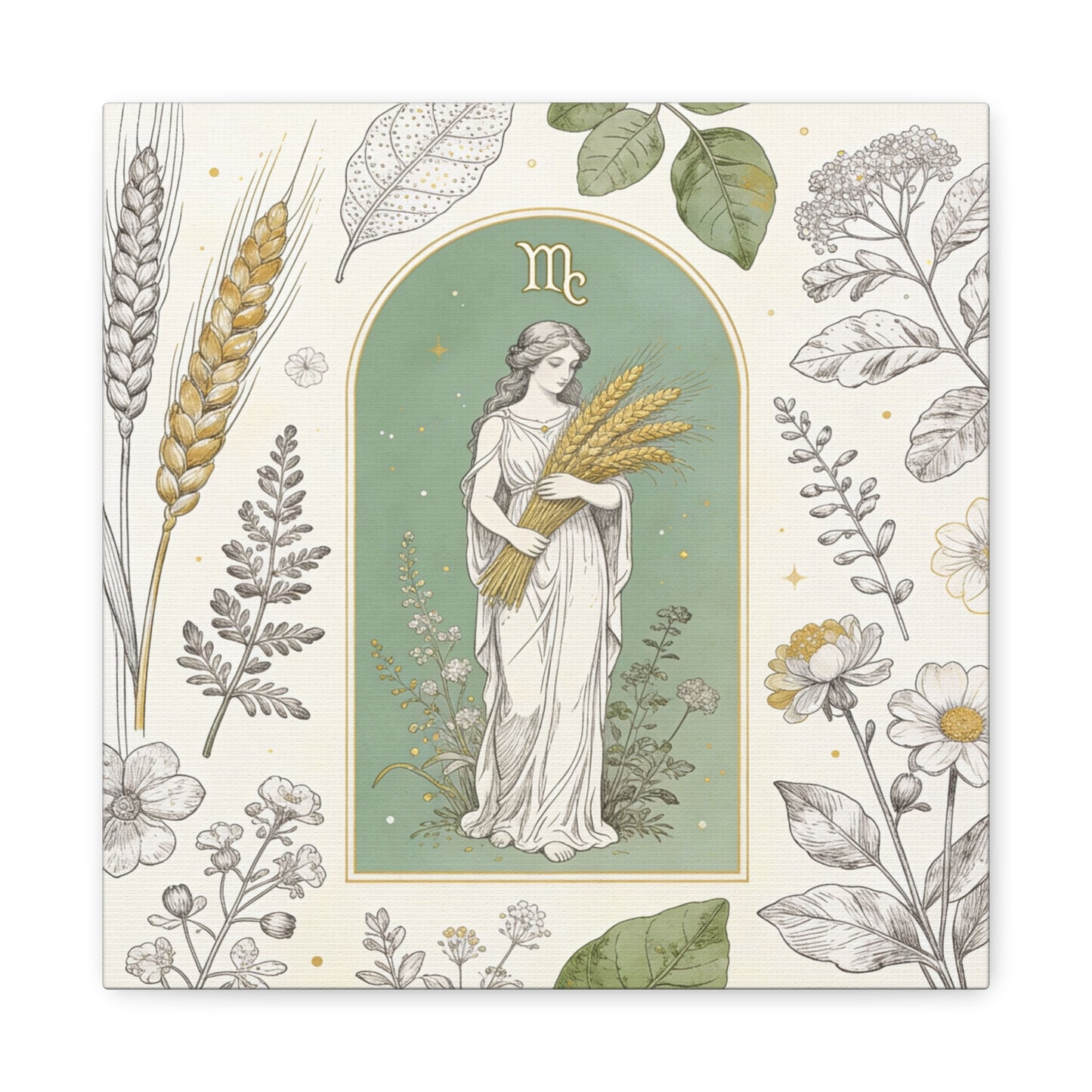 Virgo Zodiac Canvas Wall Art - Botanical Maiden Holding Wheat, Celestial Illustration - Sage Green Gold Cotton Print - Vintage Astrology Decor, Bedroom Wall Hanging Accent - Bedroom Home Decoration