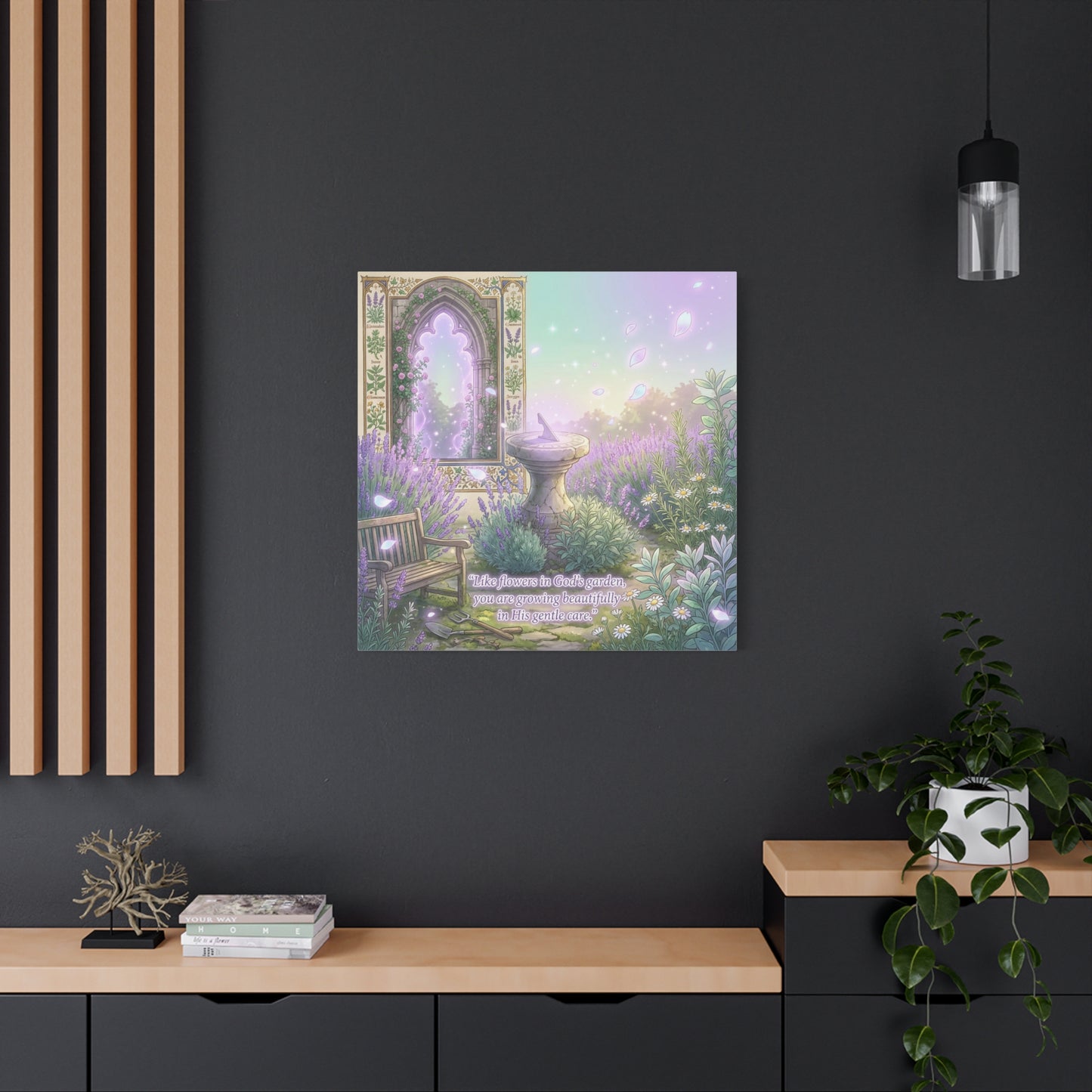 "Like Flowers In God's Garden, You Are Growing Beautifully In His Gentle Care" Canvas Wall Art - Lavender Garden Arch, Sundial Bench - Pastel Botanical Decor For Bedroom Living Room - Office Wall Art