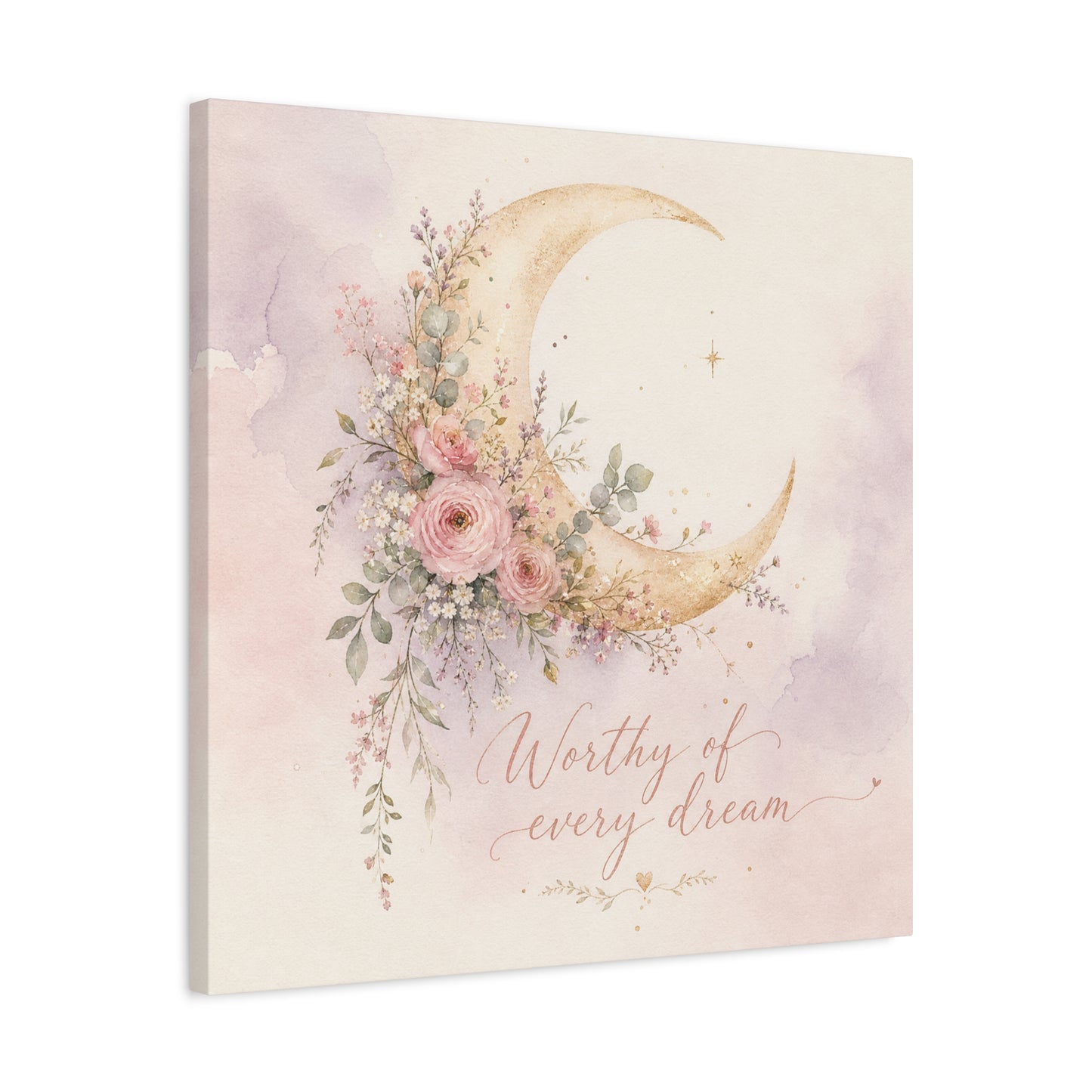"Worthy Of Every Dream" Moon Canvas Wall Art - Floral Crescent, Inspirational Blush Gold Watercolor - Bohemian Bedroom Wall Decor - Nursery Home Decoration - Bedroom Home Decoration - Ready to Hang