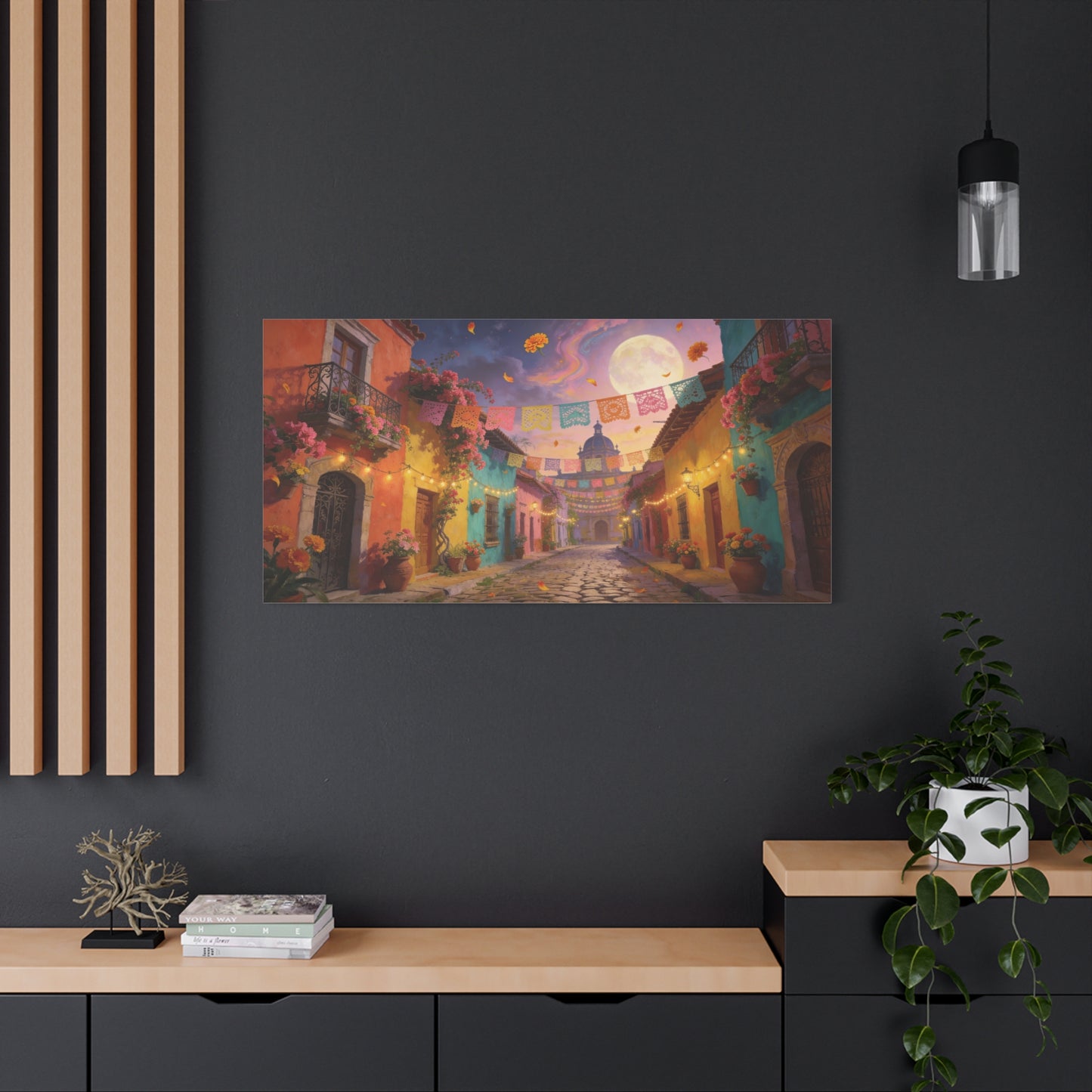 Moonlit Colorful Colonial Street Canvas Wall Art - Papel Picado, Marigolds, Full Moon - Dreamy Matte Canvas Print - Living Room Wall Decor, Bedroom Home Decoration - Bedroom Home Decoration