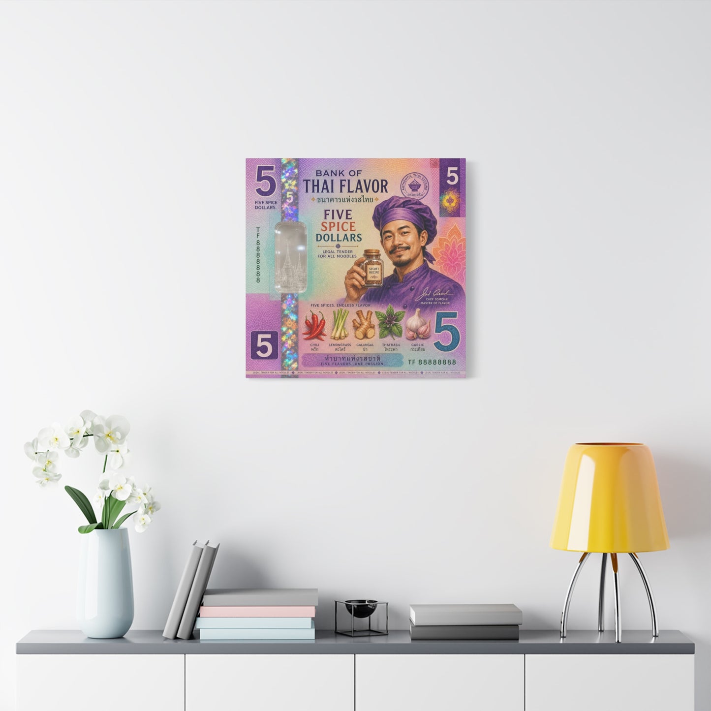 "Bank Of Thai Flavor" Thai Chef Canvas Wall Art - Five Spice Dollars Food Illustration, Colorful Typography Print, Eclectic Kitchen Decor, Cafe Wall Decor, Restaurant Wall Accent - Ready to Hang