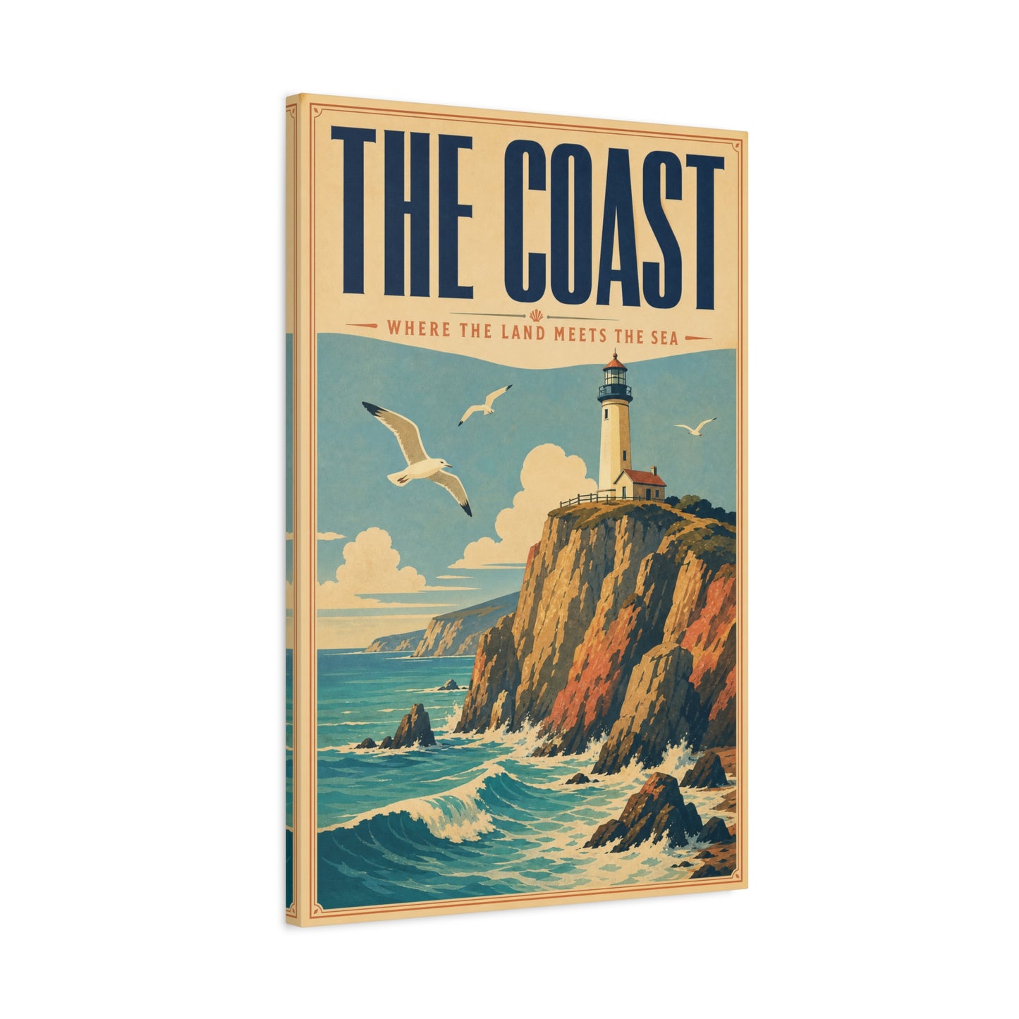 "The Coast Where The Land Meets The Sea" Canvas Wall Art - Vintage Lighthouse Seascape, Coastal Cliff Poster Style Print - Nautical Wall Decor, Beach House Living Room Decoration - Ready to Hang