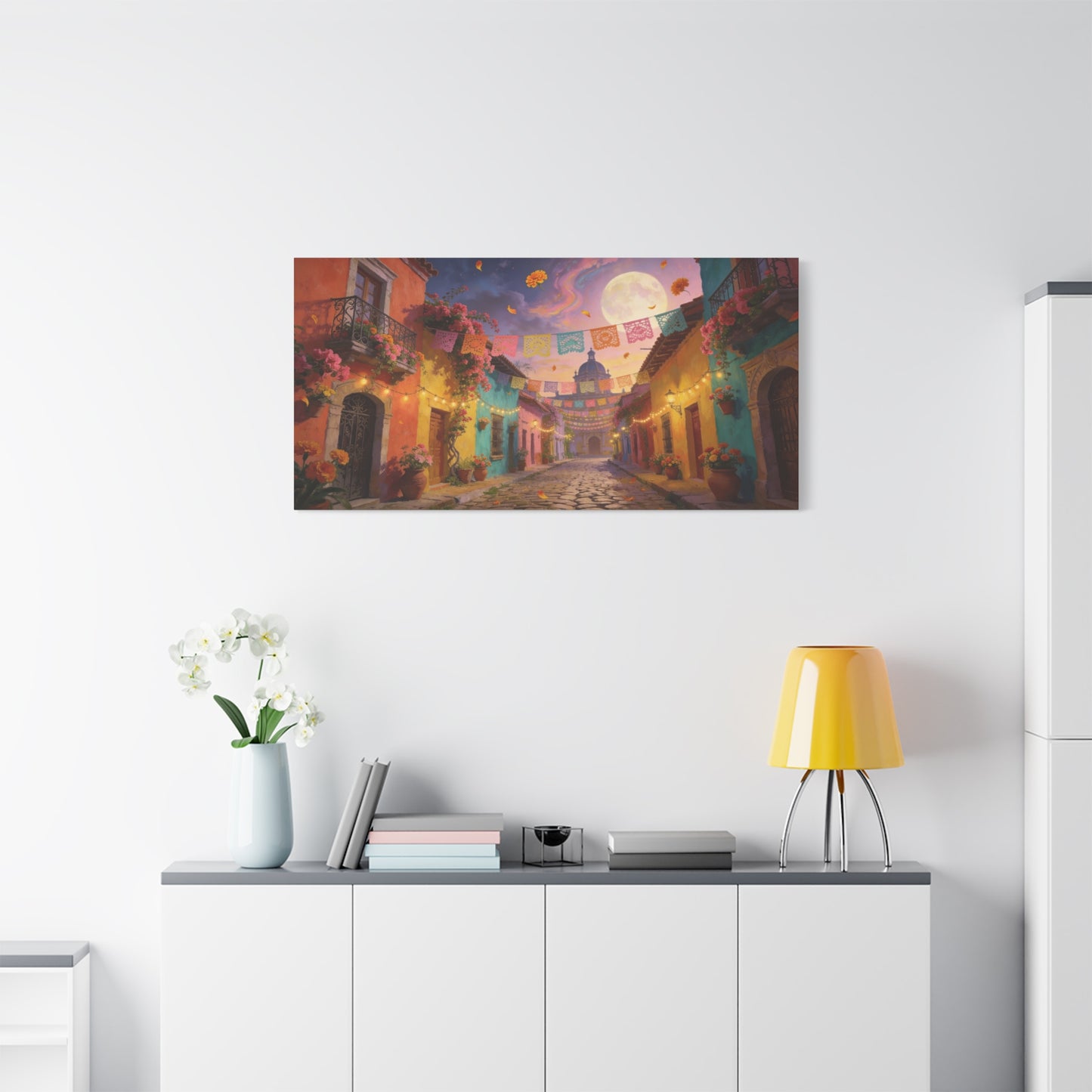 Moonlit Colorful Colonial Street Canvas Wall Art - Papel Picado, Marigolds, Full Moon - Dreamy Matte Canvas Print - Living Room Wall Decor, Bedroom Home Decoration - Bedroom Home Decoration