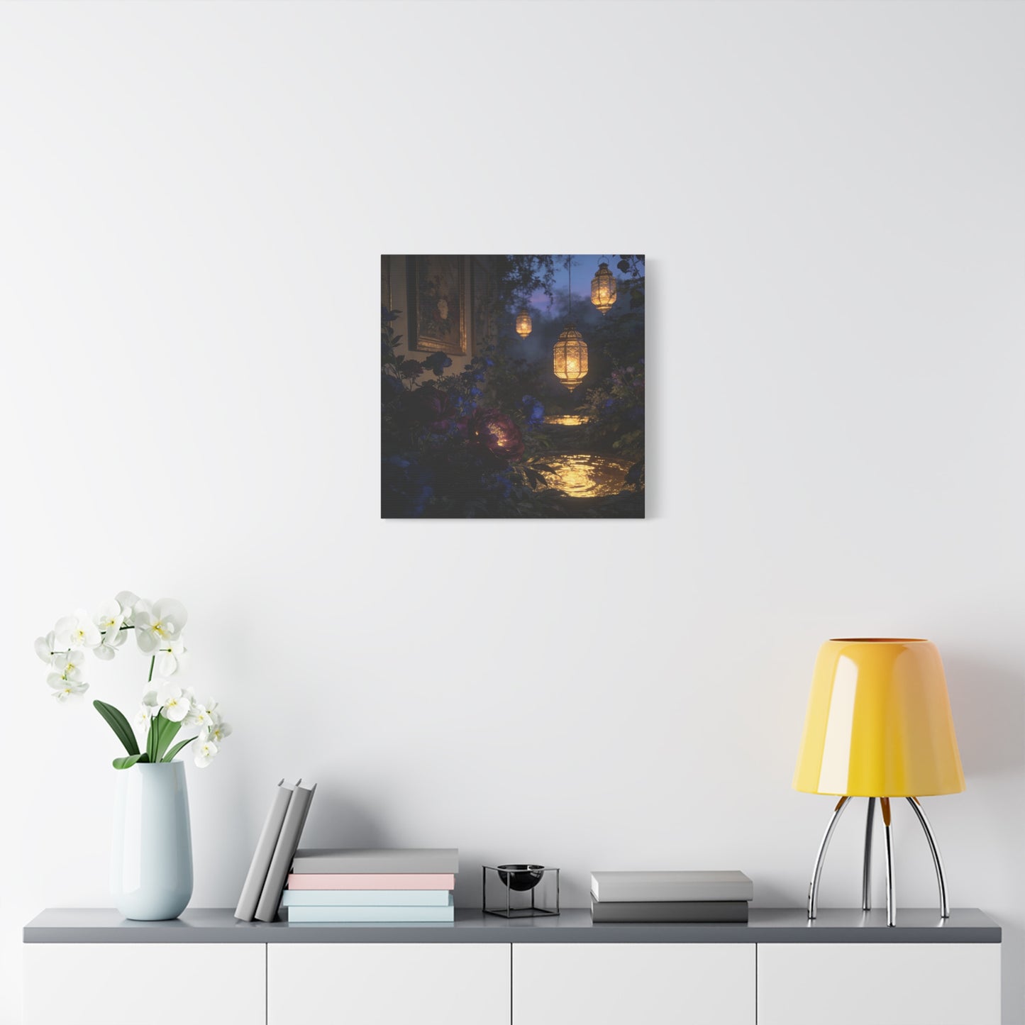Lantern Garden Canvas Wall Art - Twilight Floral Courtyard, Glowing Water Reflections - Moody Botanical Night Scene, Matte Canvas Print - Bedroom Wall Decor, Living Room Accent - Cozy Reading Nook Art