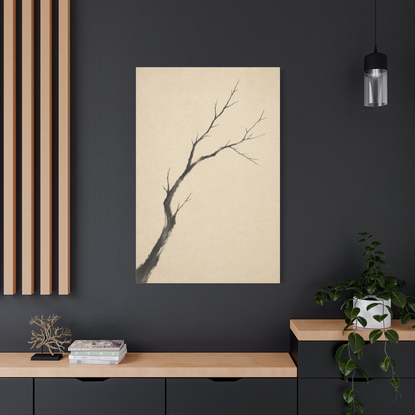 Minimalist Bare Tree Branch Canvas Wall Art - Neutral Ink Wash Botanical Print - Japanese Zen Style - Beige Black Contemporary Wall Decor For Bedroom Living Room Office Entryway - Ready to Hang