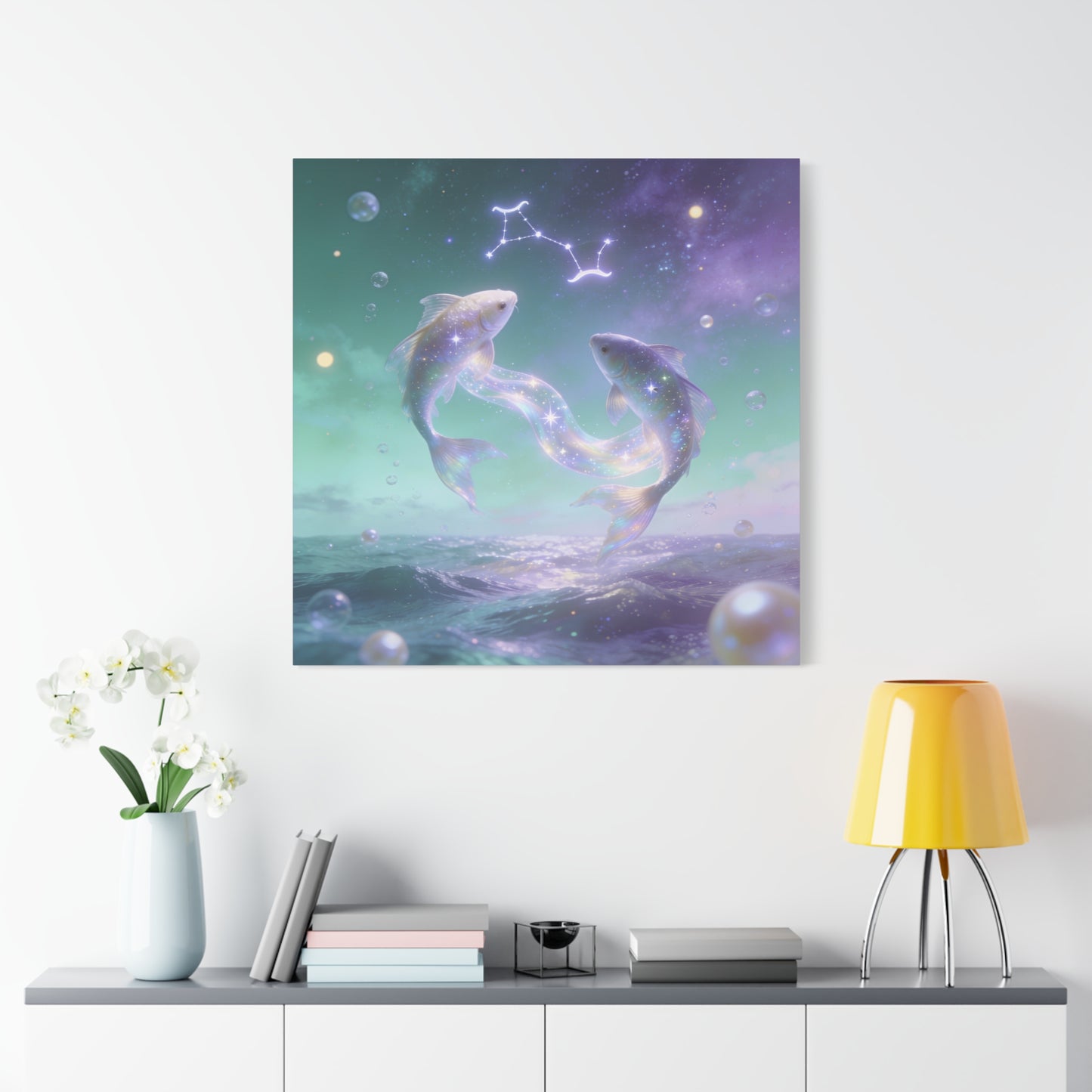 Pisces Fish Canvas Wall Art - Celestial Ocean Zodiac Illustration, Dreamy Aurora Nightscape, Matte Cotton Print, Mystical Bedroom Accent, Meditation Space Piece, Office Interior Style - Ready to Hang